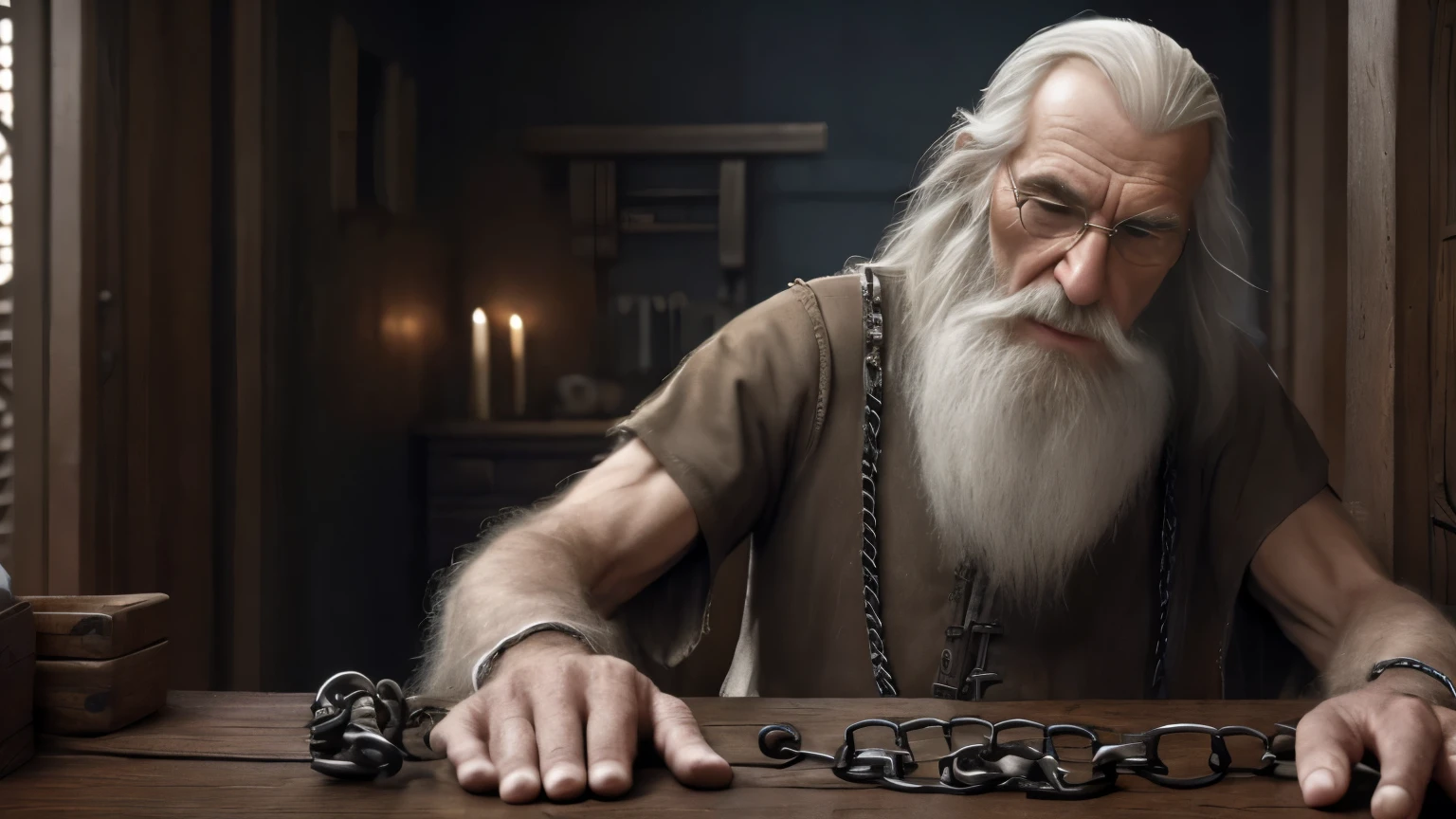 An elder with a long beard and white hair, with a serene face wrinkles, looking producing, body older weak, skinny bones hairy, body naked, his shirt was open to reveal his stomach wrinkles older hairy weak and chest, arms legs neck hands feet skinny old and weak, chains handcuffs hands and foots, collar leather prisoner and open coat,shy and blushed, Lying in the prison, prisoner lily,Closed eyes,master-piece,4K images,beste-Qualit