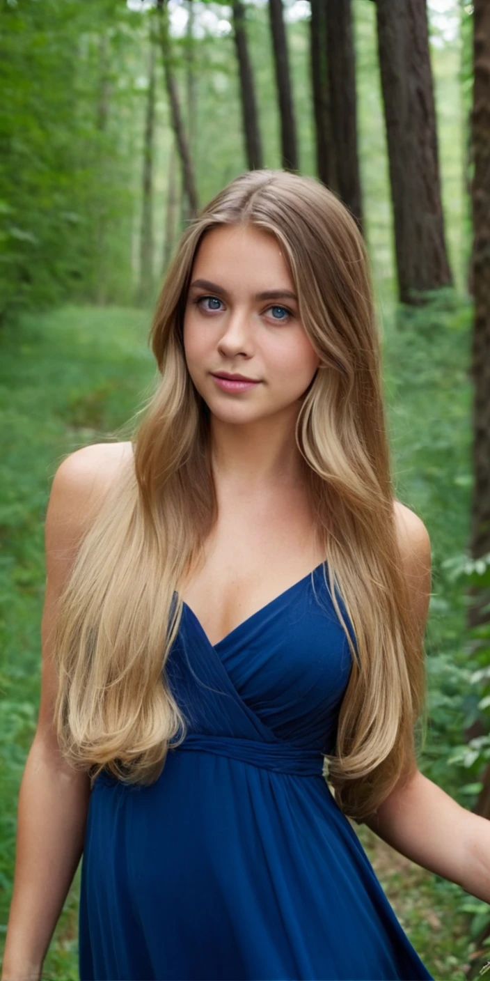 Arafed woman in a blue dress stands in the forest, painting by Maximilian Vanka, shutterstock, art process, gorgeous young model, Beautiful young girl, beautiful blonde, long blond hair and blue eyes, beautiful model girl, beautiful model, очень beautiful model, Anastasia Ovchinnikova, long hair with blue center, very beautiful young woman