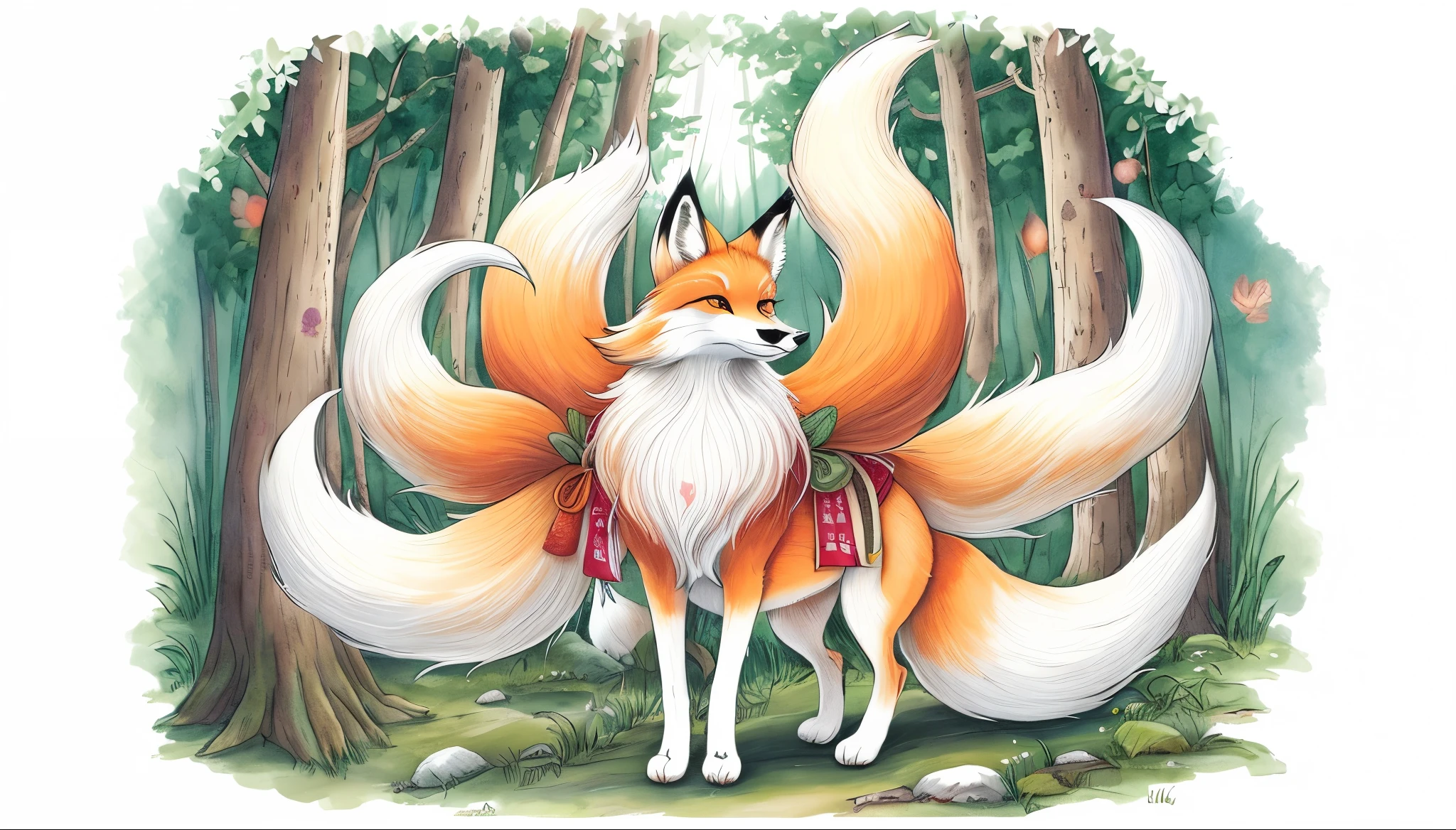 painting of a fox with long hair standing in a forest, kitsune three - tailed fox, three - tailed fox, ethereal fox, nine tails, kitsune, ninetales, white - haired fox, fox tail, fantasy fox love, fox nobushi, very very beautiful furry art, the lovely hairy fox, colorful kitsune city, a beautiful fox lady