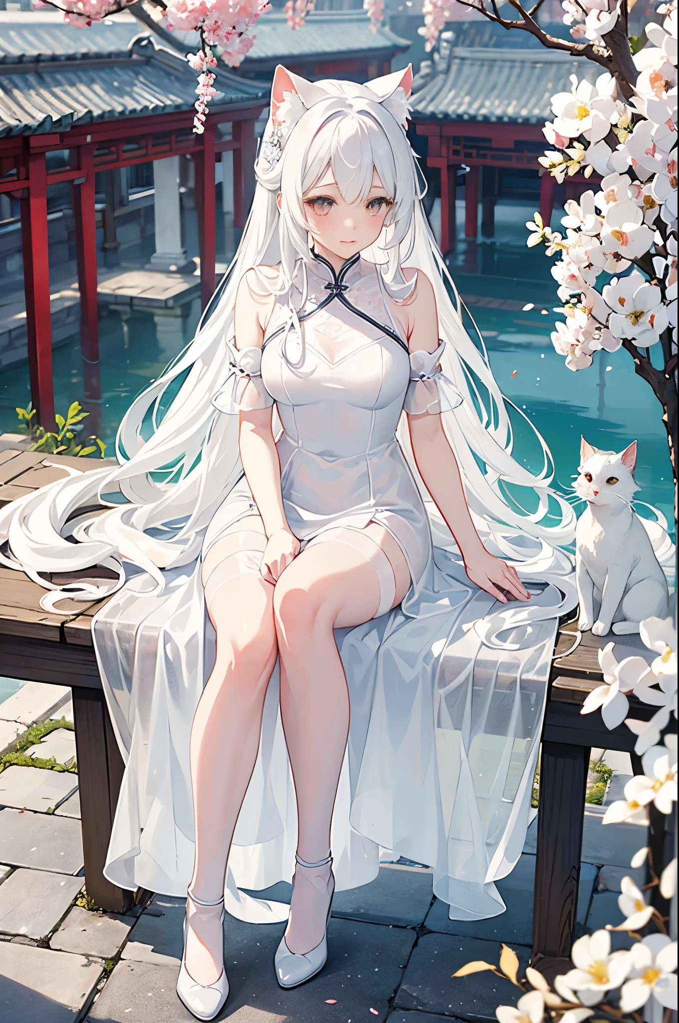 A white cat-eared girl with mythical texture wears a transparent dress with white silk stockings(White in red,focus)The expression setting reveals a hint of joy in the melancholy,Infatuation action setting,in a sitting position,Looking down at the official quality background setting,Jiangnan Water Town