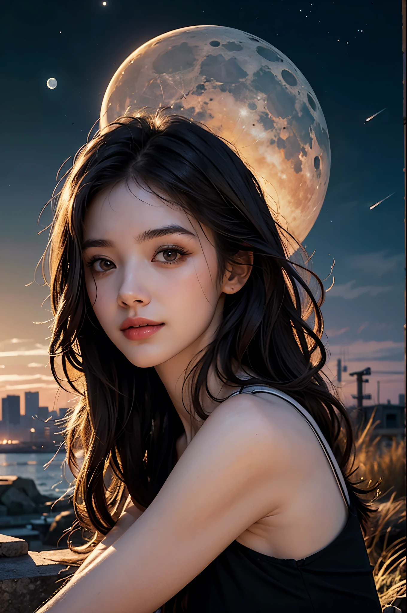 (RAW photo, low photo, best quality, masterpiece:1.3), (realistic, photo realistic:1.2), ultra high res, UHD, high detail color photo, extremely detailed CG unity 8k wallpaper, sharp focus, absurdres, (realistic skin, detailed skin, transparent white glossy skin), best anatomy, (cinematic lighting), glossy lips, 1girl, wavy long hair, hair ornaments, cute face, smile, looking at viewer, 1girl, , illustration, (outdoors, night, stars, moon), black dress, pantyhose, surprised, perfect anatomy. pefect hands., long legs