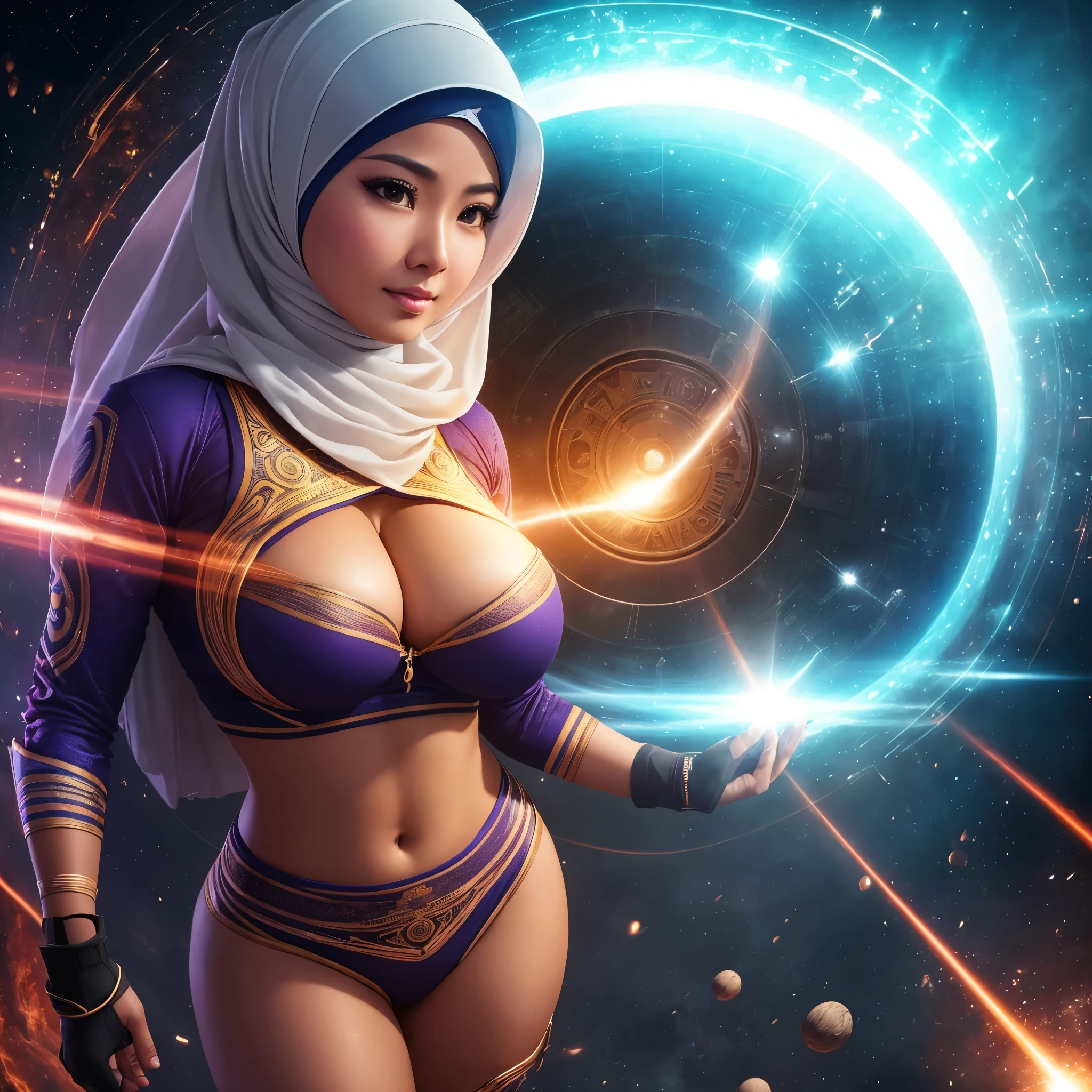 best quality,ultra-detailed,busty Malaysian woman:1.1,energetic,athletic,hijab,huge breasts,small field scientists outfit,investigates a forgotten gateway of time and space,portrait,sharp focus,vivid colors,warm color tone,lens flare,studio lighting