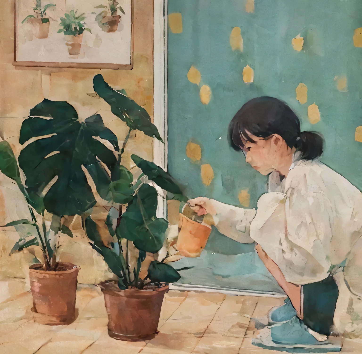 There is a woman watering potted plants in the living room, commend art, commend girl, Lo-Fi illustration style, lo-fi art, commend girl aesthetic, commend artstyle, commend feel, commend, commend portrait, commend aesthetic, commend vibes, i suit it, commend colors, illustration, some plant life