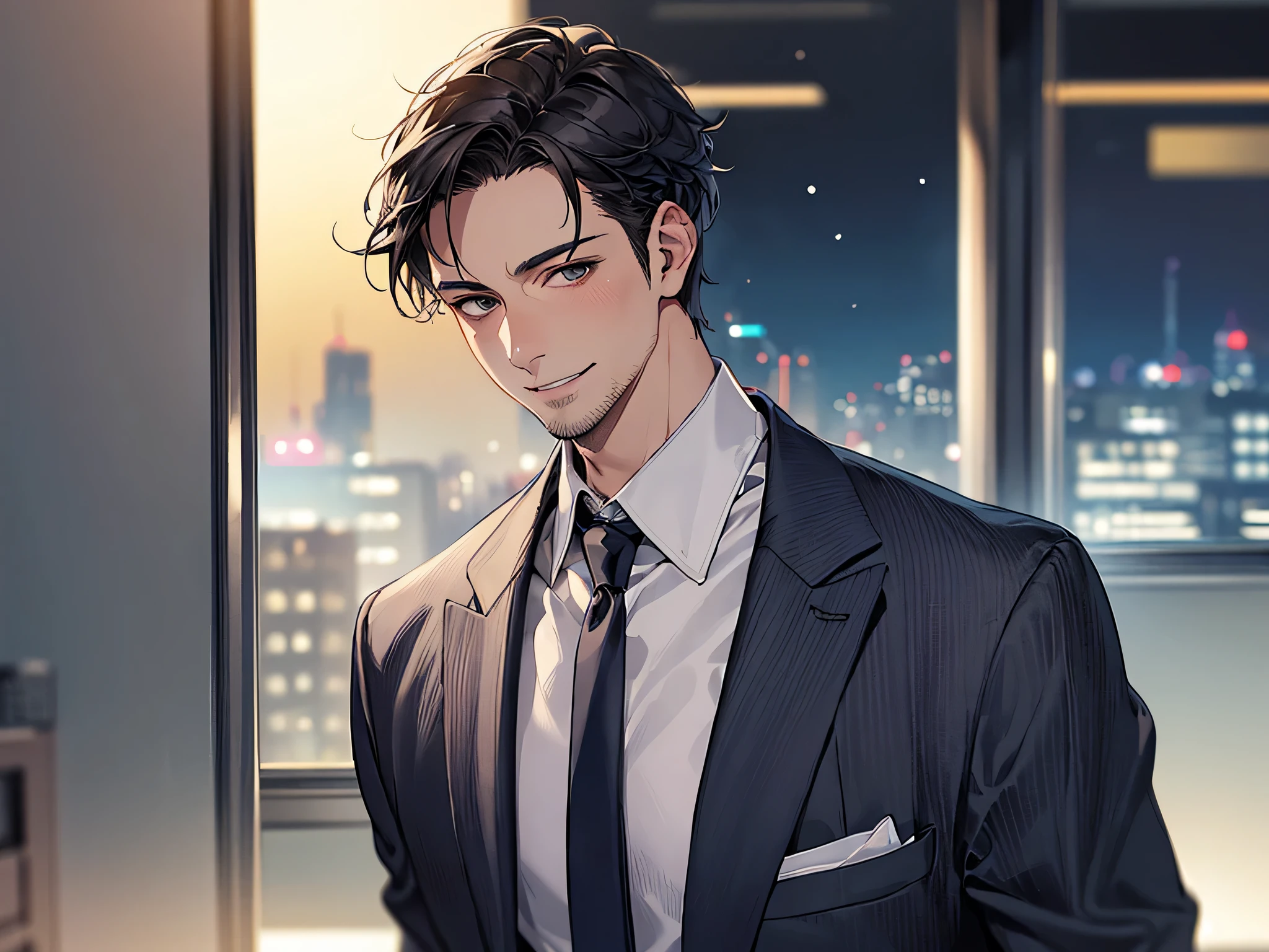 ビューアーにカベドン,((close up)),dramatic angle,masterpiece,(middle aged male),((おじさん)),((40-year-old)),upper body shot, smile,business Suit,tie,1 guy, solo,Black top, short hair,looking at viewer,office,(night)