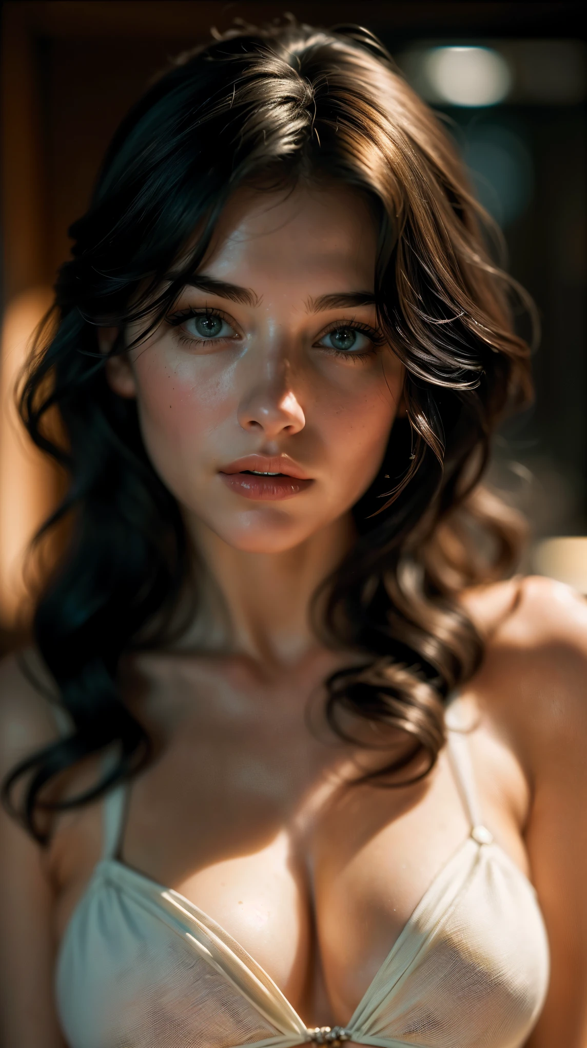 (((ultra realistic))) Photo, masterpiece, top quality, (pale skin), (Ultra detailed face and eyes:1.3), 1 girl, in a bikini ((Eye makeup, mascara)), ((large detailed lips)), ((Dark wavy hair)), ((Stylish hairstyle)) , (Natural breasts). ((Posing)), photoshoot, (Soft) Lighting, (The play of light and shadows), depth of field, bokeh, (special attention to skin detail: 1.2), Detailed leather texture, skin pores. (Warm atmosphere of the frame. color scheme - black, Yellow, White tones), UDR, ((Film grain)), rays, (Glare), ((portrait, close to the camera)) , ultra detialed,