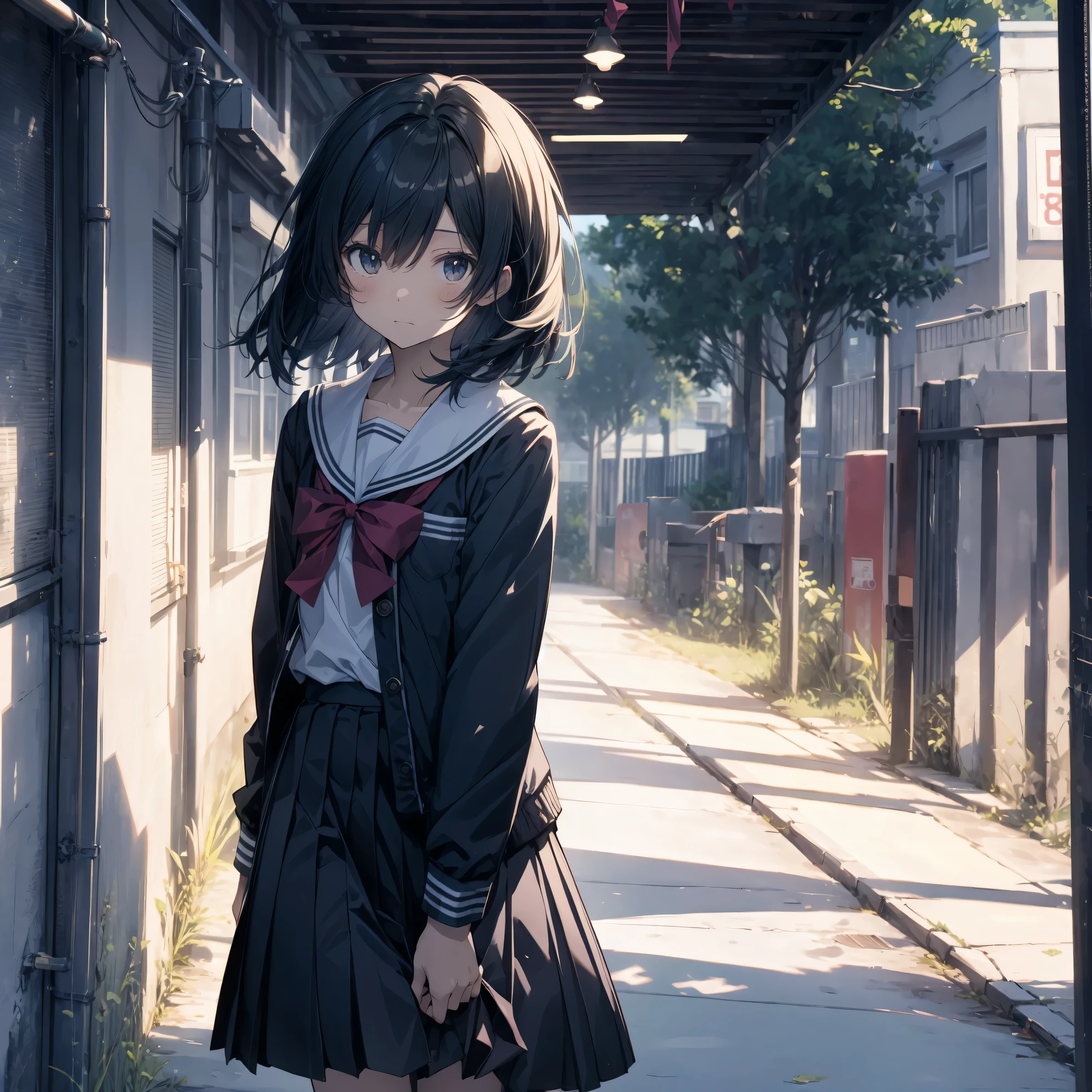 Super high quality by the art god, super detailed, High resolution, anime moe art style, best anime 8K konachan wallpaper, pixiv contest winner, perfect anatomy, break,(眠そうにalone学校へ行く女の子を描いてください. ),break, surreal high school girl, (alone,lolita, , 13 years old:1.3),All limbs, full finger,, androgynous charm, (very short hair), messy hair, flat chest, small ass, between legs, Small black eyes, beautiful and fine eyes, Well-proportioned iris and pupils, disgusted eyes, High resolutionの詳細な髪, wearing school uniform, (skirt), On the way to school. break,super dense skin, Best lighting by famous artists, 8K, figure,UHD, rough skin