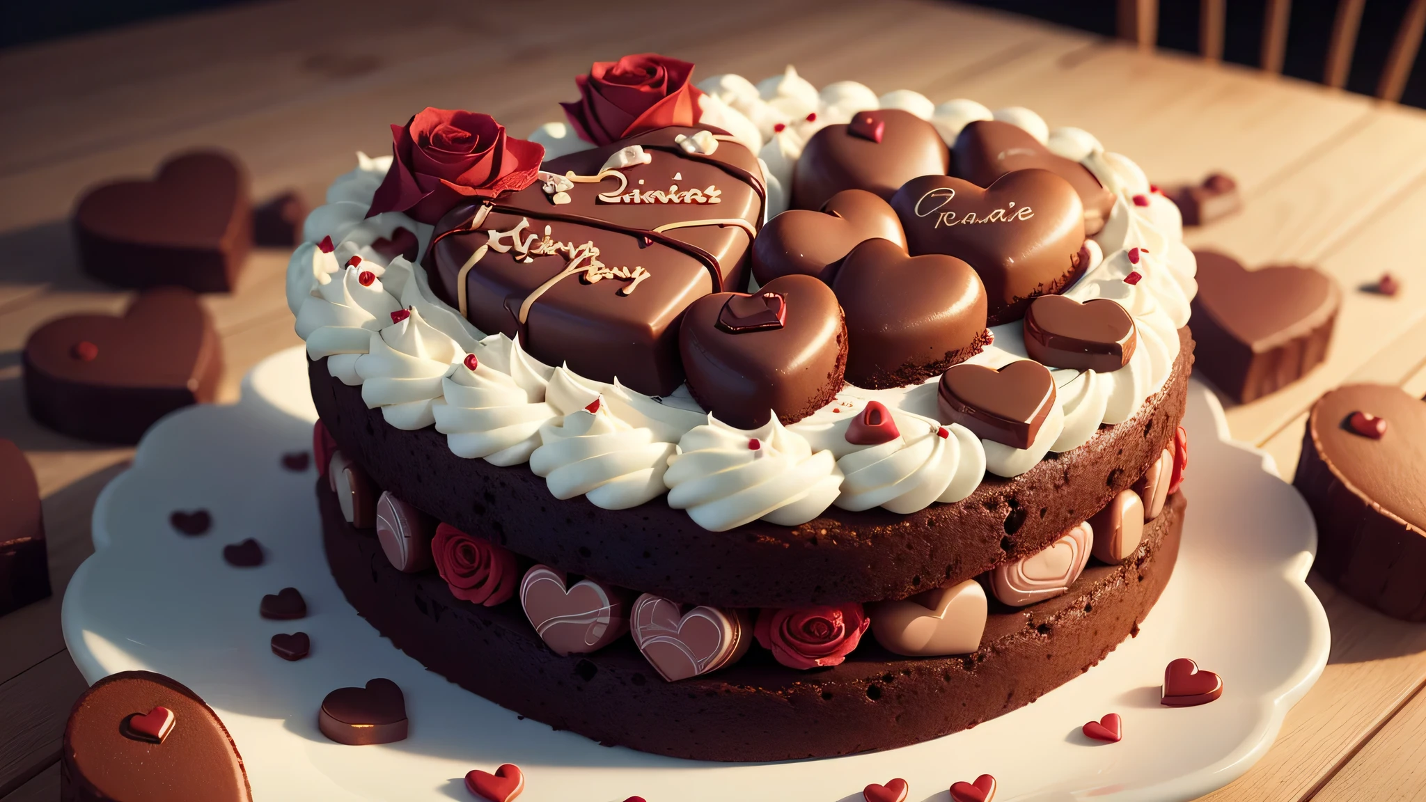 Cake with many heart shaped chocolates,Realistic rendering of rose next to, photo style.