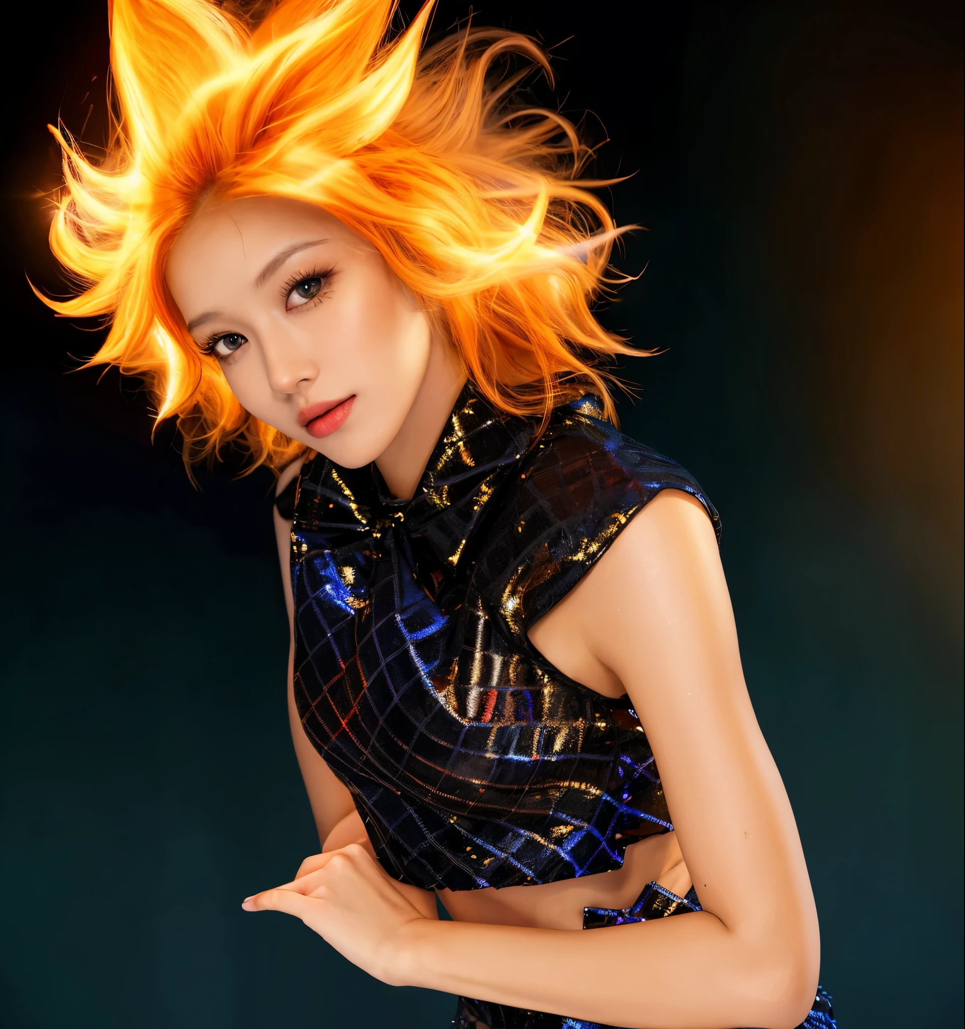 blond with hair made of flames, her skin is orange, hes skin is glossy, shiny glossy hair, posing for a picture in a black dress, her hair is on fire, flaming hair, portrait shot, under the spotlight, fire hair, hair like fire, orange glowing hair, spotlight, rim light, detailed fabric textures, glossy costume, reflective, best quality, 4k, masterpiece:1.2, ultra-detailed, realistic, vivid colors, dark and moody lighting, The image of the highest quality, ensuring every detail showcased perfectly. It in 4k resolution, allowing viewers to immerse themselves in the richness of the colors and intricate details. The realistic rendering. under the spotlight, reflecting, high-resolution image, realistic rendering, dark background, and rim light