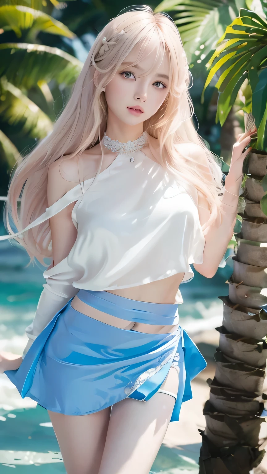 Girl sitting on the beach v6, necklace, earrings, full body v6, long white hair, tulle skirt, visible, super, ultra high-definition, raw photo, realism: 1.25), (bright lip gloss, long eyelashes, smooth face, glossy skin, natural shadow, wide light, wide light, depth of field, intense color, subtle caustics: 0.8), smile, (big), long legs and little feet v6