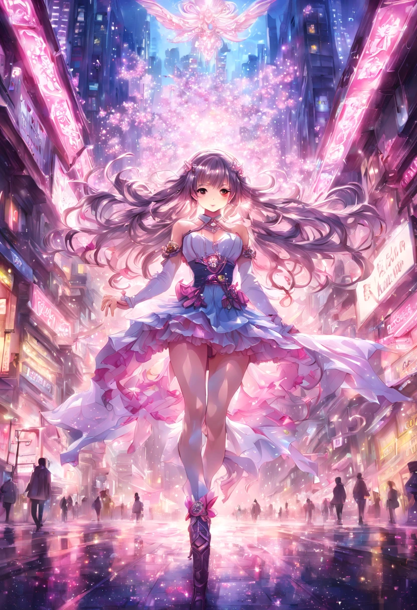1girl, Magical girl in Tokyo at night, cherry blossoms, neon-lit streets, vibrant colors, dynamic pose, art by CLAMP, (best quality, masterpiece:1.5), (HDR), (vivid colors), (bokeh), (physically-based rendering), (extreme detail description), (professional), (realistic:1.37), vibrant cherry blossom trees, glowing neon signs, bustling cityscape, flowing magical girl outfit, sparkling magical wand, flowing hair, intense facial expression, intricate linework, rich color palette, exquisite background details, enchanting atmosphere, (masterpiece), (best quality), (ultra-detailed), illustration, disheveled hair, perfect composition, moist skin, intricate details, earrings