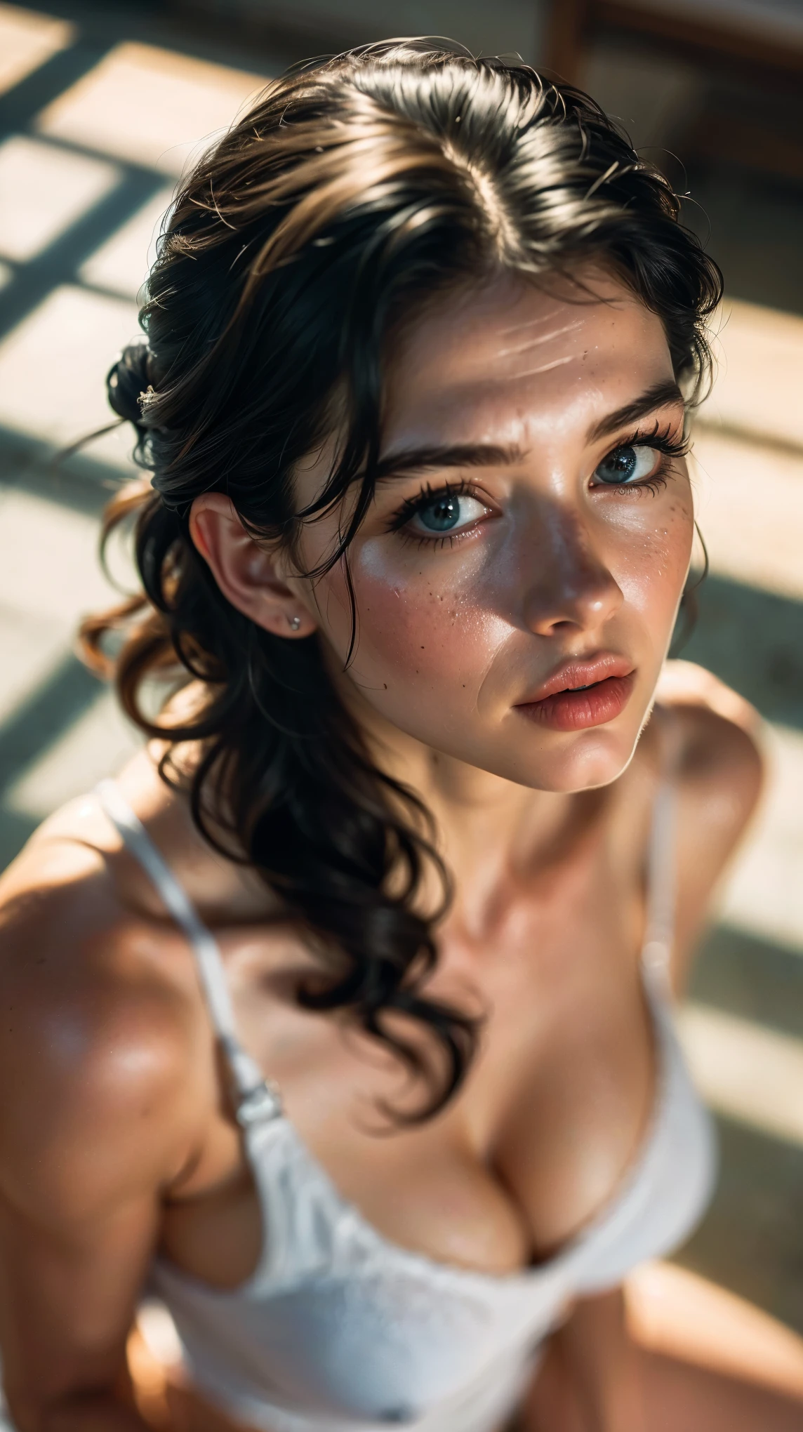 (((ultra realistic))) Photo, masterpiece, top quality, (pale skin), (Ultra detailed face and eyes:1.3), 1 girl, naked, ((Eye makeup, mascara)), ((large detailed lips)), ((Dark wavy hair)), ((Stylish hairstyle)) , (Natural breasts). ((Posing)), photoshoot, (Soft) Lighting, (The play of light and shadows), depth of field, bokeh, (special attention to skin detail: 1.2), Detailed leather texture, skin pores. (Warm atmosphere of the frame. Color range - yellow, White tones), UDR, ((Film grain)), rays, (Glare), ((portrait, close to the camera, view from above)) , ultra detialed,