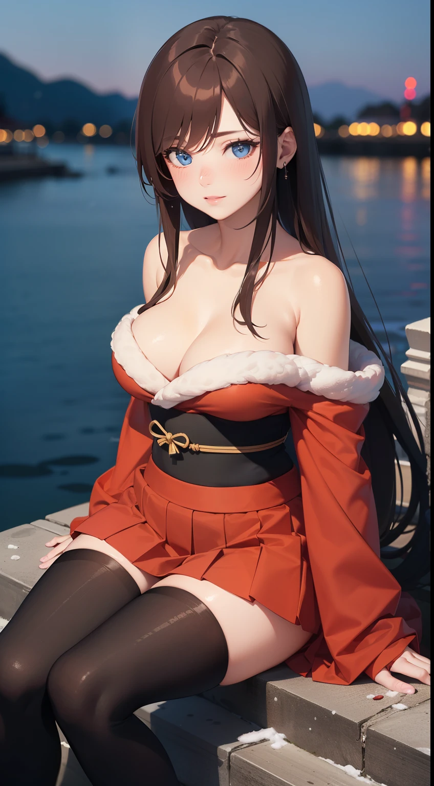 ((masterpiece, best quality, high resolution, ultra high definition, Pixel perfect, wide angle, 4K, RTX, human development report))), 1girl in, single, alone, Beauty、See the whole body from top to bottom、 (( Reddish-brown hair , very long hair , Short Liuhai )), ((blue eyes, beautiful eyelashes, realistic eyes)), ((Detailed face, blush:1.2)), ((smooth texture:0.75, lifelike质感:0.65, lifelike:1.1, Anime CG style)), medium breasts, Perfect body, (( Japanese kimono, pleated skirt, bare shoulders ,Black tights ,Black boots)), Smile, sit on the steps , (The wind blows the long hair,bare shoulders、exposing her chest、Black tights) , Lakeside at night ,It was snowing heavily