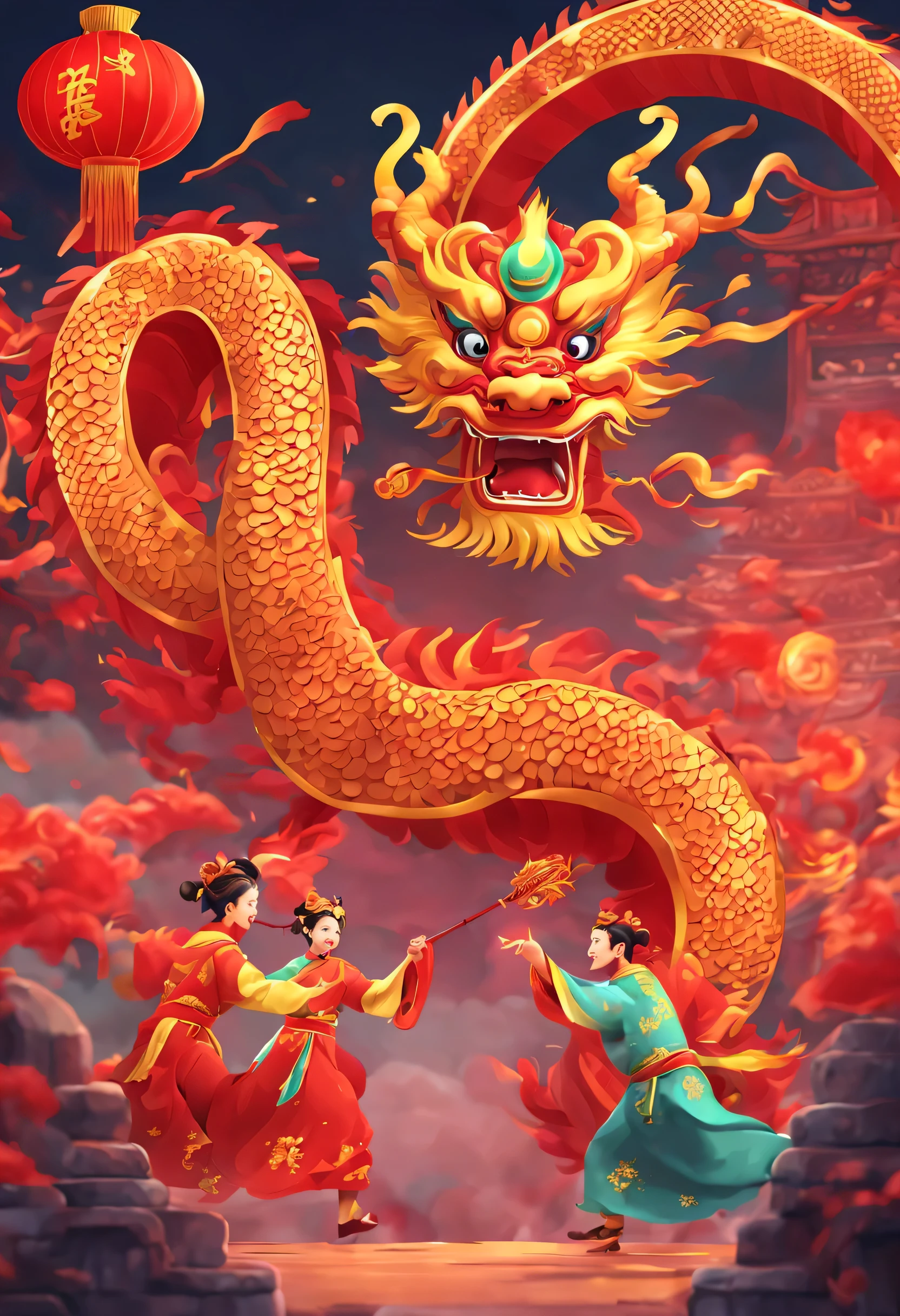 Chinese dragon dance, A beautiful artistic illustration, Celebrate Chinese New Year, 8K cartoon illustration, god of wealth, rich and colorful, happy, 9K