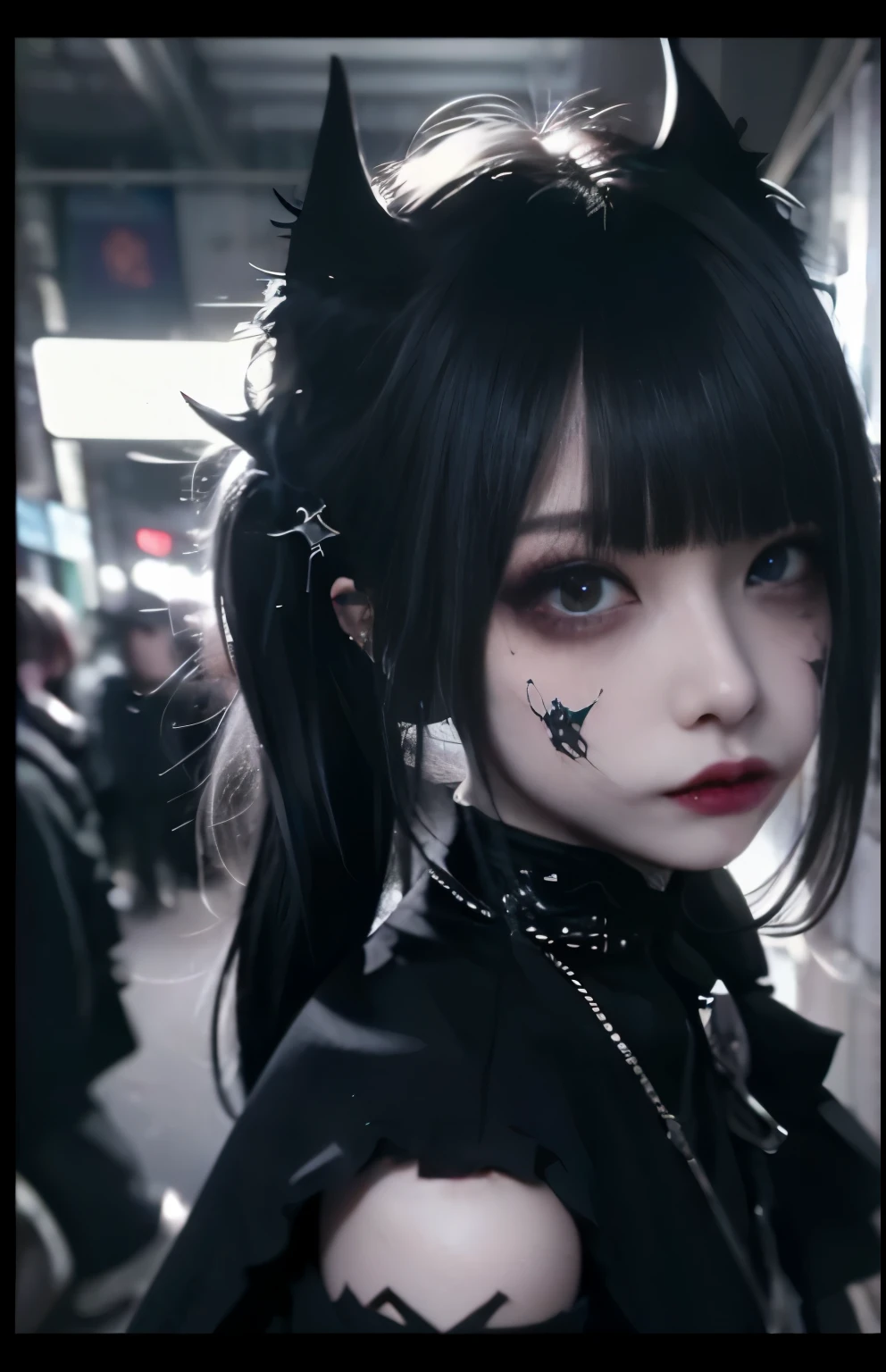 excellent rendering, 8K, masterpiece, super high quality, beauty: 1.2, professional illustration: 1.1, ultra detail: 1.3, Ultra Lighting, very detailed, (About dark light) 1 girl,
goth_punk
Heterochromia of red and yellow eyes、(full shot,cowboy shot, long shot)