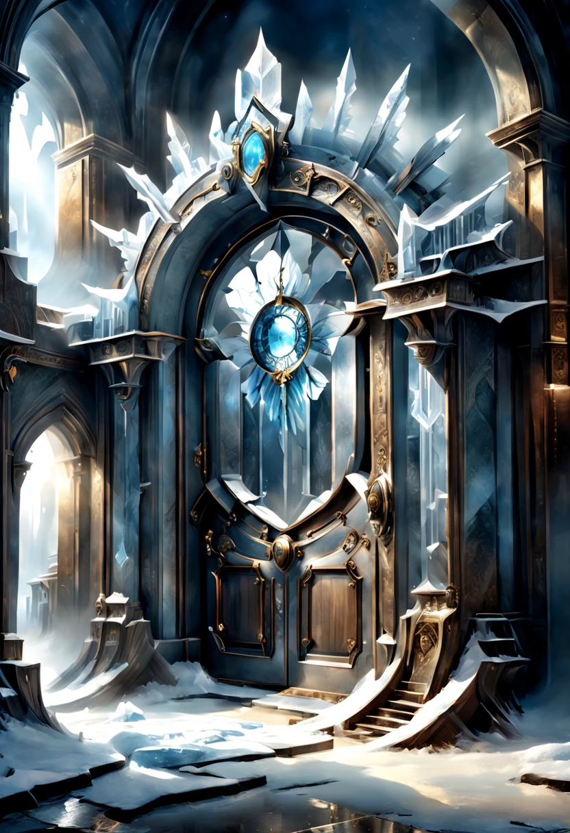 Magic dream, ice crystal, majestic building, intricate door through time and space, hazy two-tone digital painting, God's light and shadow, majestic building, intricate door through time and space, 8k, Ultra high detail, masterpiece master art work surreal