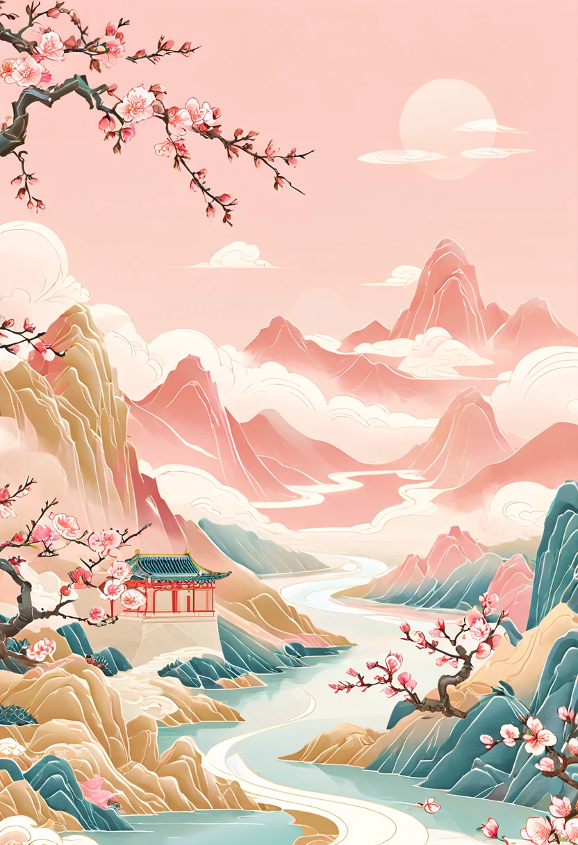 Minimalism，(Golden Section composition), (Golden Ratio),Minimalism， mountain, river, tree, peach blossom, Spring, sky, clouds, cartoon, flat illustration，guofeng，chinese style，gcch
