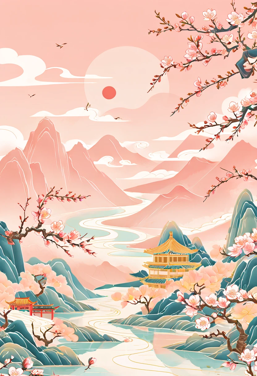 Minimalism，(Golden Section composition), (Golden Ratio),Minimalism， mountain, river, tree, peach blossom, Spring, sky, clouds, cartoon, flat illustration，guofeng，chinese style，gcch
