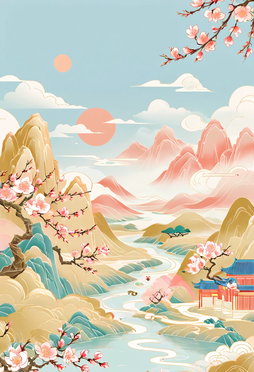 Minimalism，(Golden Section composition), (Golden Ratio),Minimalism， mountain, river, tree, peach blossom, Spring, sky, clouds, cartoon, flat illustration，guofeng，chinese style，gcch
