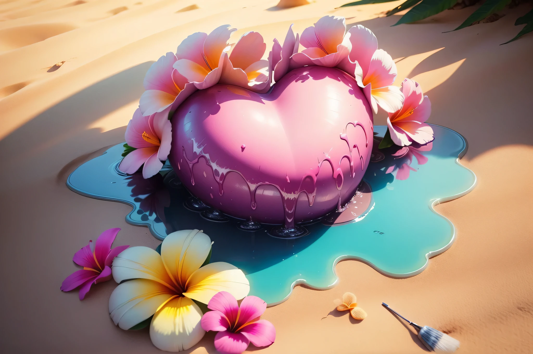 Close-up of a heart made of flowers on the beach, heart made of flowers, Plumeria, tropical flowers, beautiful tropical flowers, blooming tropical flowers, made of flowers and leaves, made of flowers and fruit, made of flowers, petal, with colored flowers, pink yellow flowers, tropical style, made of fruit and flowers, beautiful aesthetic, beautiful composition,Super high quality model,dripping paint,painting,abstract beauty,Blow