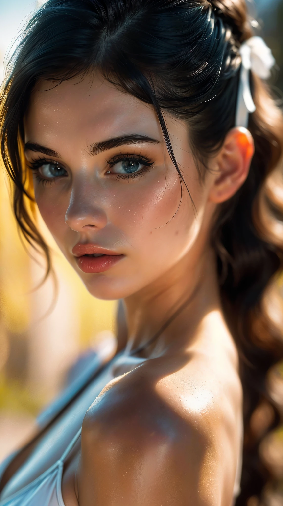 (((ultra realistic))) Photo, masterpiece, top quality, (pale skin), (Ultra detailed face and eyes:1.3), 1 girl, in a bikini ((Eye makeup, mascara)), ((large detailed lips)), ((Dark wavy hair)), ((Stylish hairstyle)) , (Natural breasts). ((Posing)), photoshoot, (Soft) Lighting, (The play of light and shadows), depth of field, bokeh, (special attention to skin detail: 1.2), Detailed leather texture, skin pores. (Warm atmosphere of the frame. color scheme - black, Yellow, White tones), UDR, ((Film grain)), rays, (Glare), ((portrait, close to the camera)) , ultra detialed,