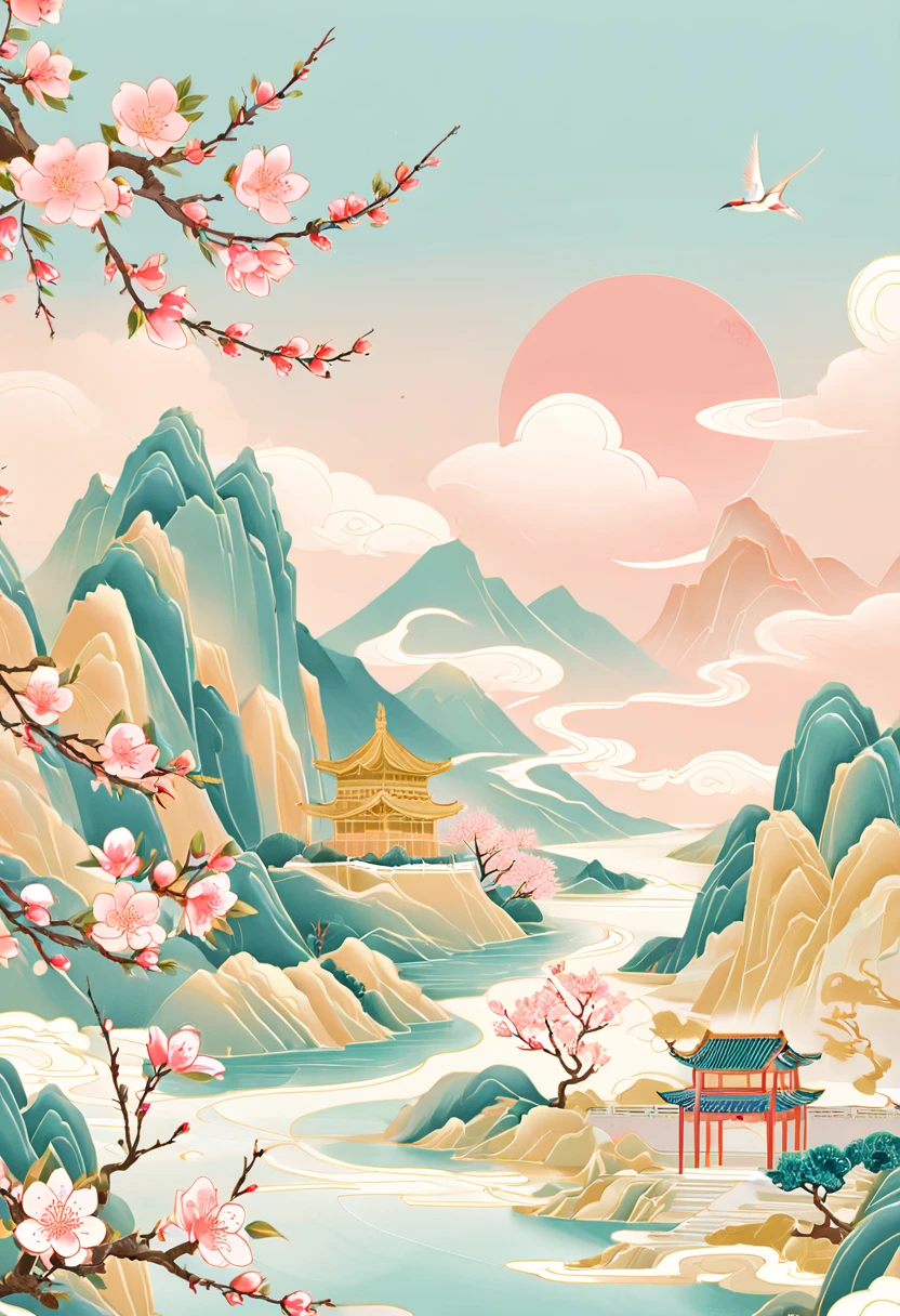 Minimalism，(Golden Section composition), (Golden Ratio),Minimalism， mountain, river, tree, peach blossom, Spring, sky, clouds, cartoon, flat illustration，guofeng，chinese style，gcch
