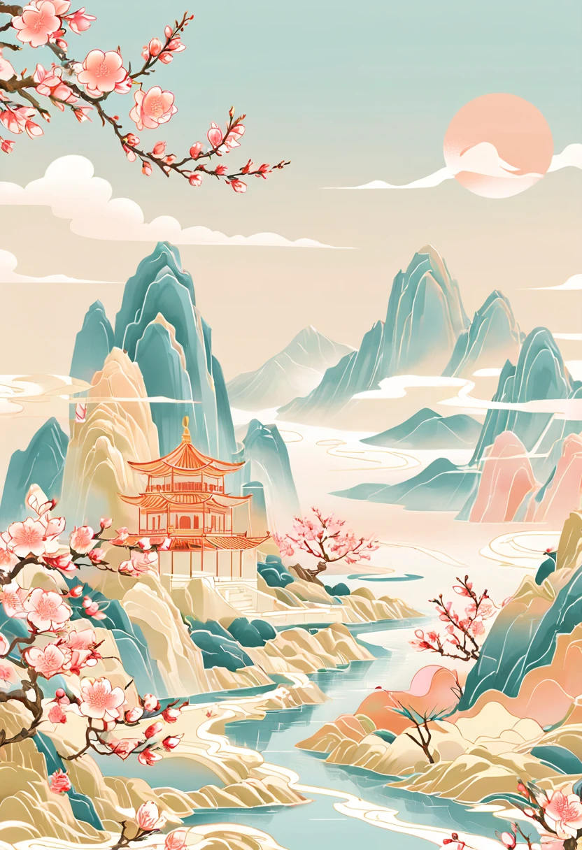 Minimalism，(Golden Section composition), (Golden Ratio),Minimalism， mountain, river, tree, peach blossom, Spring, sky, clouds, cartoon, flat illustration，guofeng，chinese style，gcch
