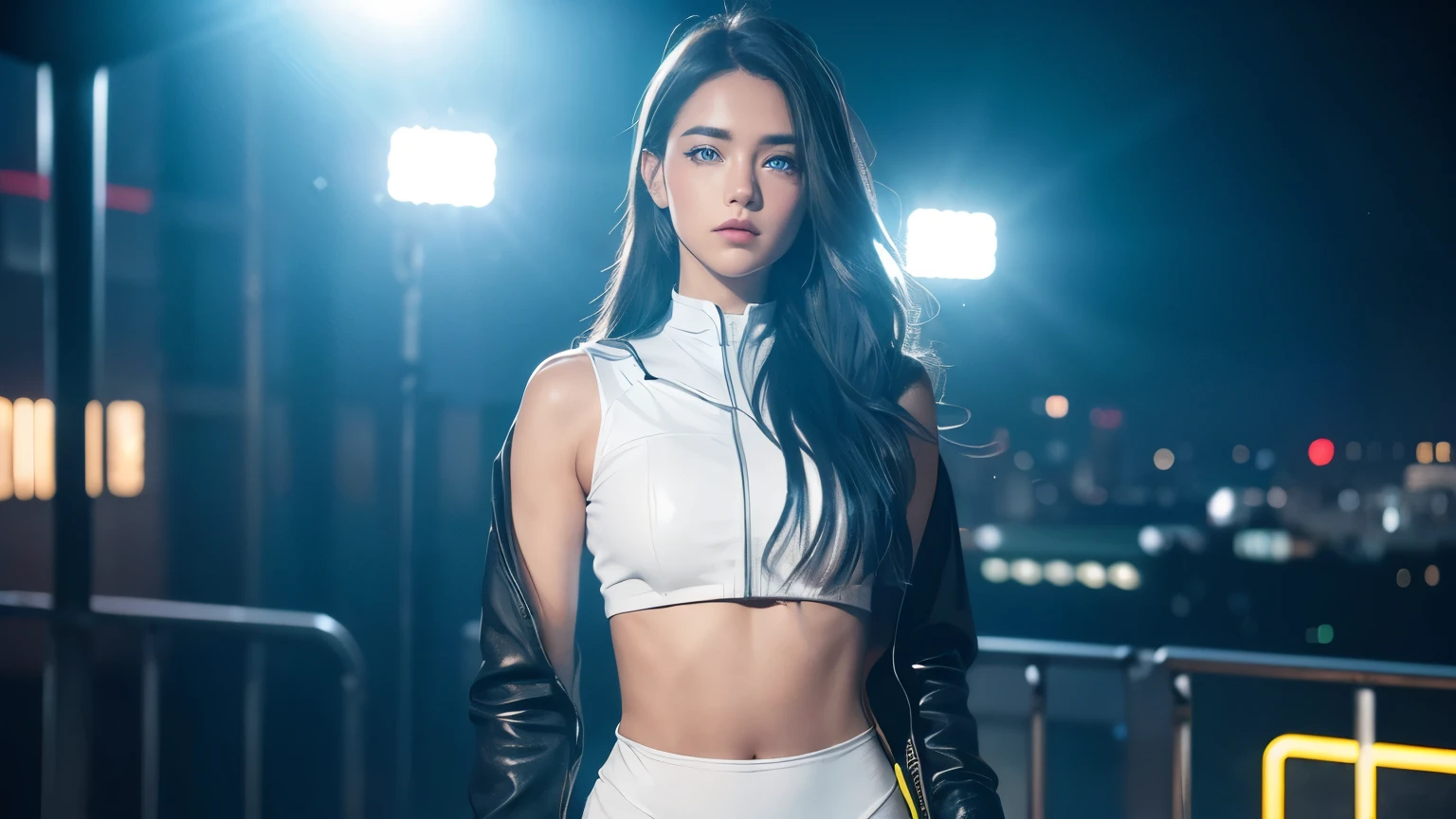 4K, A high resolution, Best quality at best, masterpiece, perfect colors, perfect shadow, perfect litthing, ((sportrait)), 1woman, fit-muscled body, bright yellow eyes, dark blue hair , blue eyes, With round lenses, detail in eyes, The audience watched carefully, (s face: 1.2), Perfect female figure, ((standing)), ((neon white Tight crop top leather suit)), ((shy and looking at viewert)), (Perfect thick white eyebrows) Delicate fur, 详细s face, s the perfect face, At a fantasy industrial city , (model pose standing), energetic background, perfect city skyscape, lighting atmosphere, ((Bonifasko lighting)), (The round lenses on his eyes)(詳細な目), Perfect student, face close up