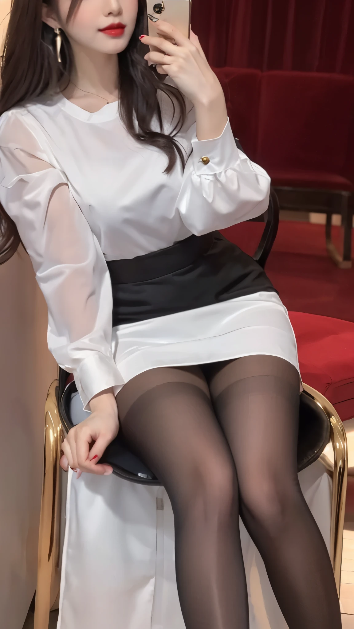 beautiful japanese woman，Photos taken by a professional photographer，Fancy makeup with red eyeshadow，double eyelid，The best smile，Delicate brown hair with short cut and side waves，clean hands，Holding a smartphone in his left hand，big ring earrings，squatting down，elegant legs，Wearing black high heels，long and thin legs, white shirt and super miniskirt, long legs, very beautiful slim legs, とても美しいlong and thin legs, Business service, beautiful feet, good hips and long legs, beautiful feet, black tights，black stockings，black pantyhose，