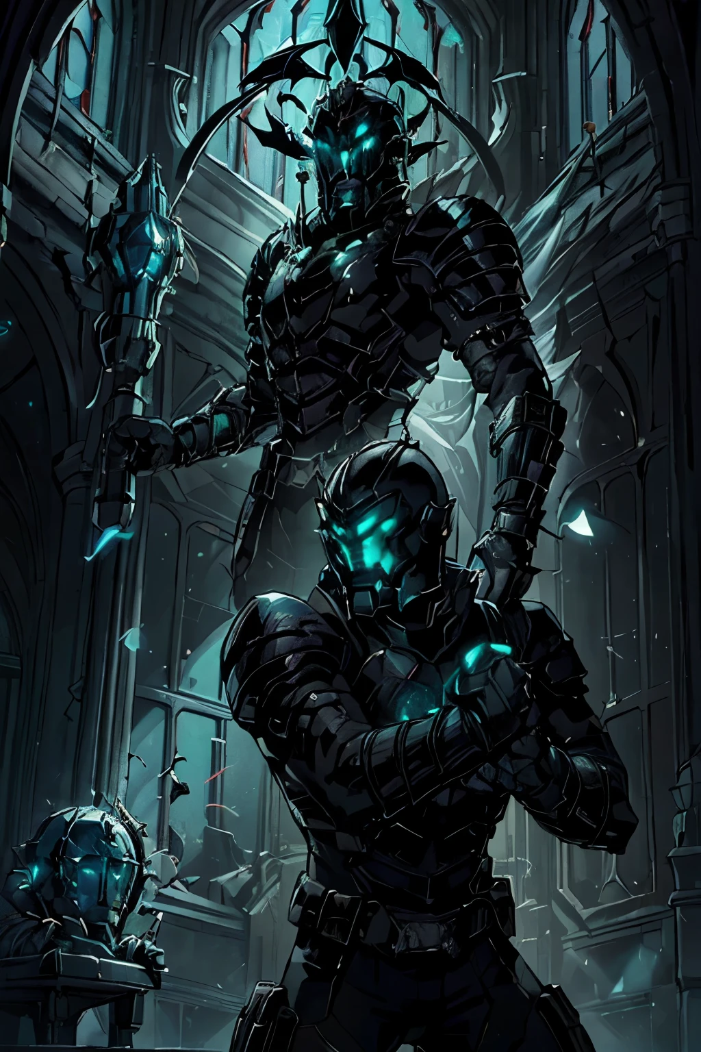 (masterpiece, best quality, high resolution:1.3), Isaac Clarke-inspired gothic armor, (ornate shoulder pads:1.2), (elaborately sculpted mask:1.2), (gauntlets adorned with ornamental spikes:1.2), (slender black cape fluttering dramatically:1.2), (sleek yet intricate power core:1.2), (visibly glowing energy pulsating throughout the armor:1.2), (gothic cathedral-like spaceship interior:1.3), (grand arches and vaulted ceilings:1.1), (cosmic starry backdrop visible through arched windows:1.2), (sinister alien artifacts on display:1.1), (intense energy crackling in the air:1.2), striking a heroic pose, ready to defend against extraterrestrial threats