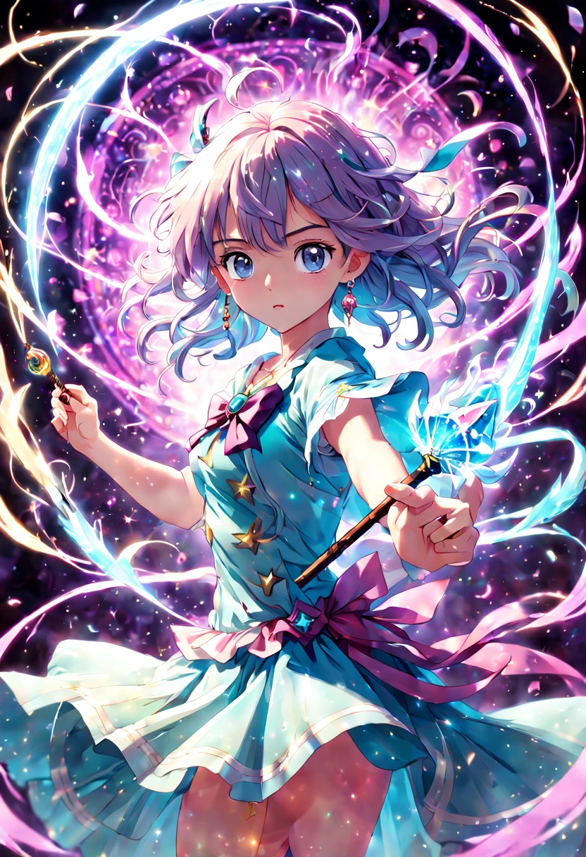 1girl, An enchanting Magical Girl with shimmering eyes and a radiant aura, dressed in an ornate, pastel-colored costume adorned with ribbons and sparkles, wielding a crystal staff, surrounded by swirling magical energy, in a dynamic pose, with a mystical and ethereal background, high-resolution, digital art, anime style, vibrant colors, with a touch of art by CLAMP and Studio Ghibli charm, detailed magic effects, 4K HD, (masterpiece), (best quality), (ultra-detailed), illustration, disheveled hair, perfect composition, moist skin, intricate details, earrings