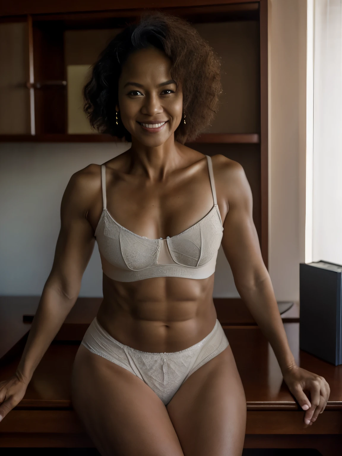 (editorial photograph of an 48 year old, melanesian mixed asian girl), (slim top, cotton panties), (highly detailed face:1.4), (smile:0.9), (muscles:1.4), (sitting on the desk:1.2), (background inside bright, well lit, private study, old furniture:1.1), (8k, uhd, dslr, high quality, cinematic lighting, bokeh), (dramatic, award winning photography, incredible masterpiece:1.3)