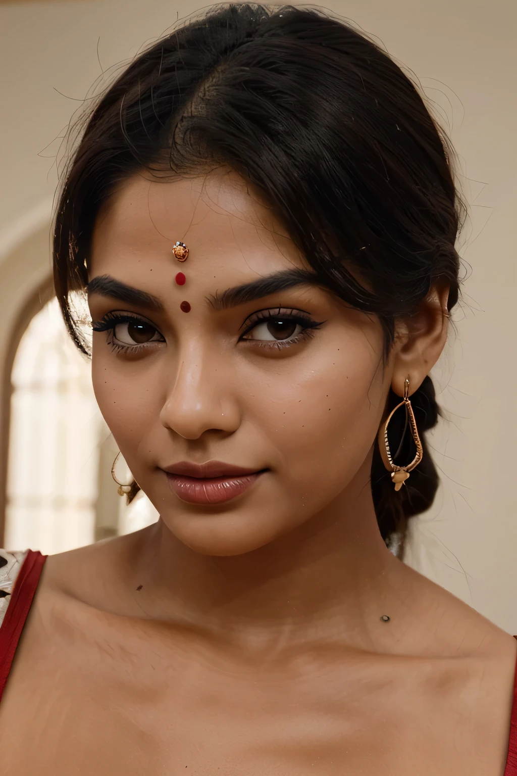 "Generate an image of a beautiful Indian woman with the following features: Almond-shaped eyes that are dark and expressive, with long and thick eyelashes. Thick, dark, and lustrous hair, preferably long and well-maintained. Smooth and radiant skin of varying tones, celebrating the diversity of skin shades. Well-defined lips, whether naturally full or subtly shaped, with traditional lip colors like deep red. A nose that is slightly curved or button-shaped. High cheekbones for a sculpted and elegant facial structure. you can remove the Bindi on the forehead Well-groomed and shaped eyebrows that complement the face. The goal is to capture the diverse beauty of Indian women, recognizing and celebrating individual uniqueness. Feel free to incorporate traditional elements to enhance the overall aesthetic."
