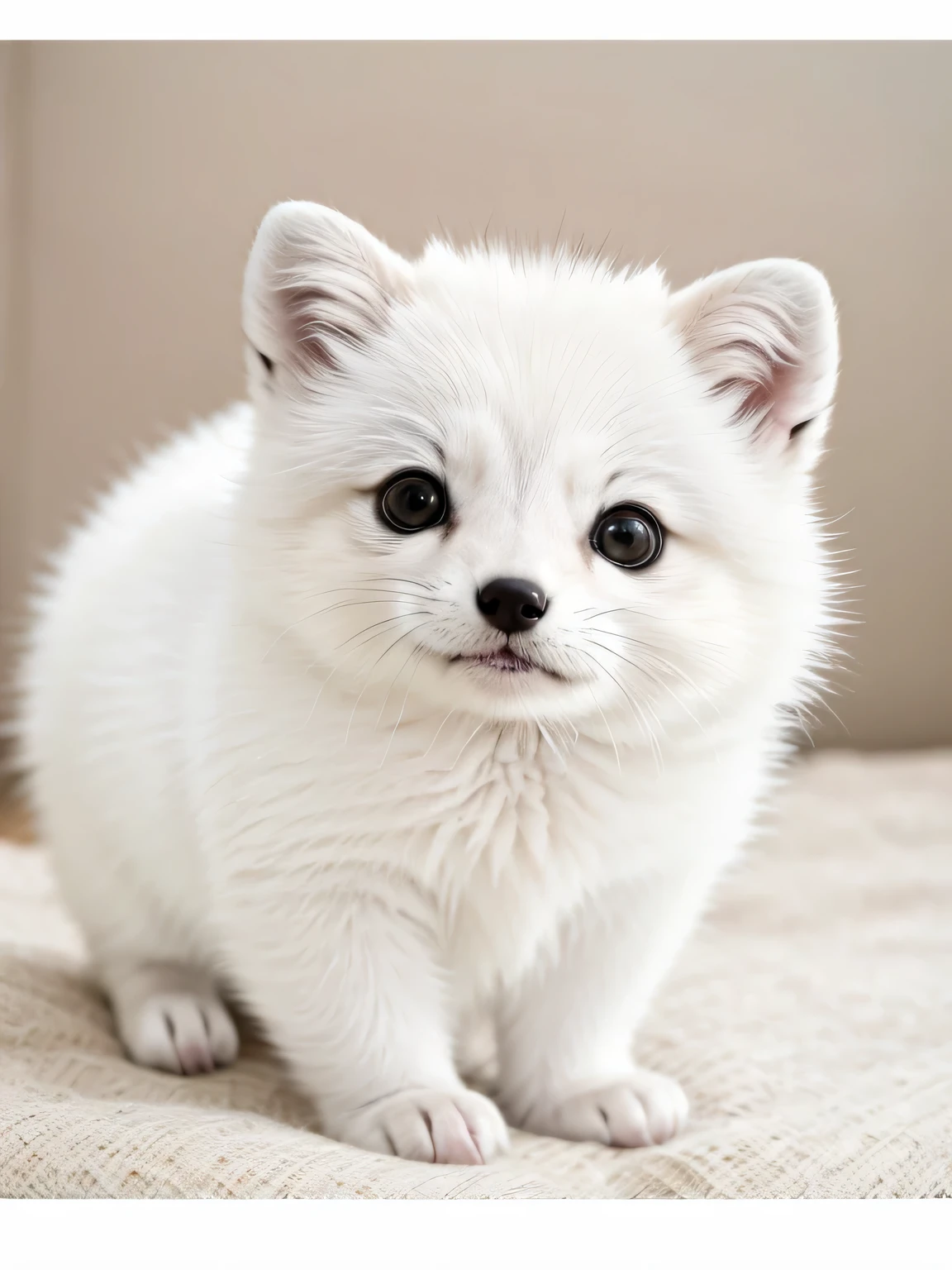 original photo, ridiculous, high quality, lifelike,cute pet, Super cute, hairy, Chubby arctic fox, white, short legs, Very round, white, short legs, Very round, photorealism, Super detailed, 50mm, f1. 4, 8k ultra high definition, gray film