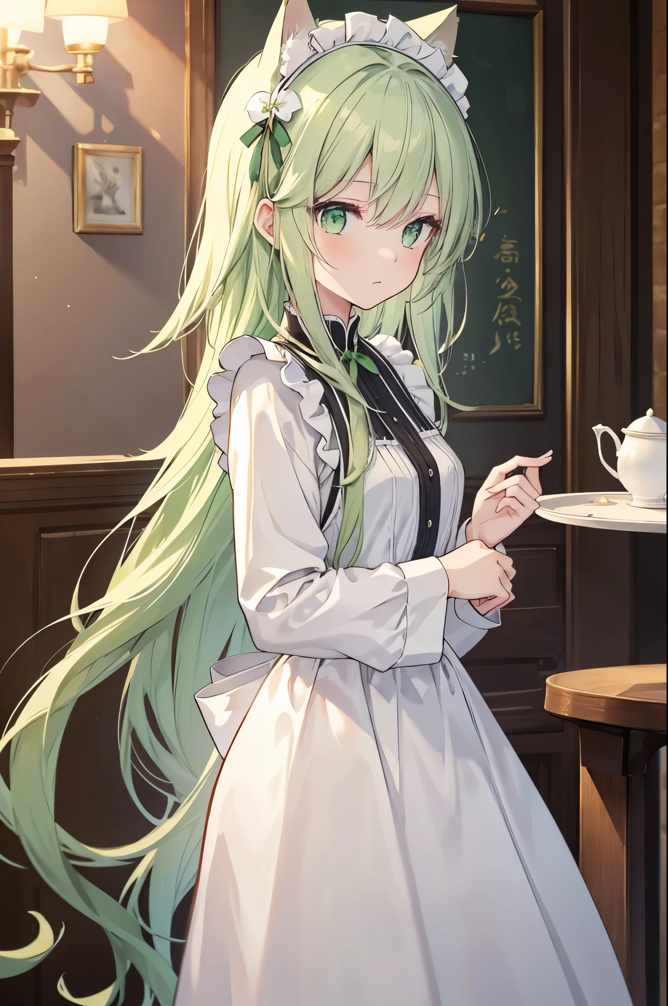 A human girl,Slim girly figure,female face,nervous expression,light green long straight hair,light green eyes,There are bright spots in the eyes,Green cat ears on head,female hands,Little white hands,normal finger,hands behind body,Wearing maid outfit,Wearing traditional medieval maid outfit,Wearing an elegant maid outfit,Standing in a stylish cafe,masterpiece,Exquisite and delicate的二次元精美画风,Exquisite and delicate,8K high quality,CG wallpaper,HD,Small breasts,alone,tomorrow ark风格,tomorrow ark,Small breasts
