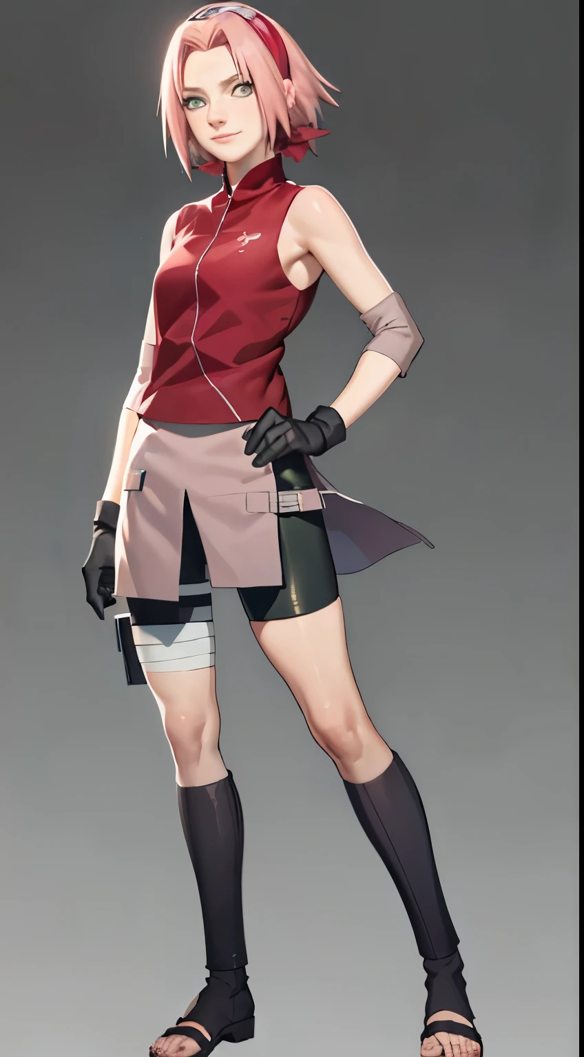 masterpiece, best quality, 1girl,haruno sakura, pink hair, short hair, green eyes, bike shorts, black gloves, hairband, sleeveless, toeless footwear, bandages, hands on hips, full body, looking at viewer, standing, smile, solo, (simple background , solid grey background)