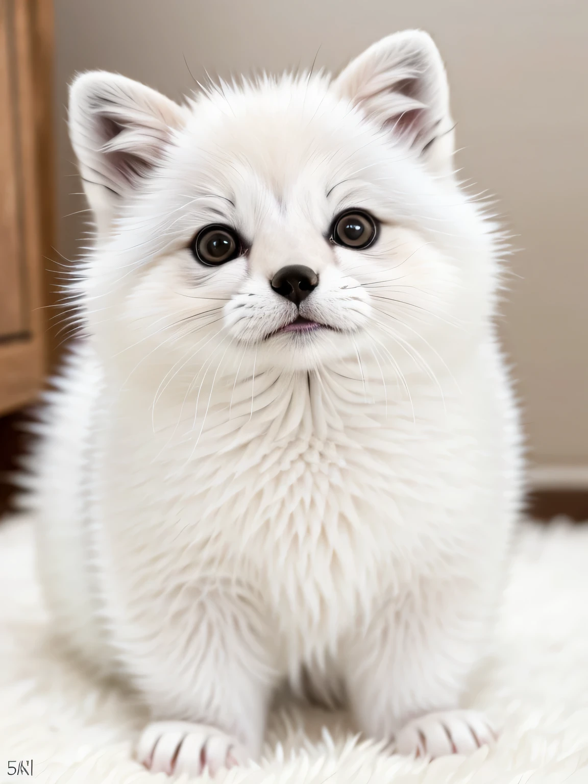 original photo, ridiculous, high quality, lifelike,cute pet, Super cute, hairy, Chubby arctic fox, white, short legs, Very round, white, short legs, Very round, photorealism, Super detailed, 50mm, f1. 4, 8k ultra high definition, gray film