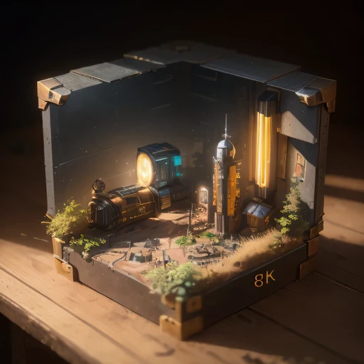 small realistic model, (8k, original photo, best quality, masterpiece:1.4),Steampunk Cyberpunk City,(Cyberpunk light:1.3),on the table,horizon (related to land),(in a small nature box:1.3),Isometric, small nature, landscape on foundation,landscape,