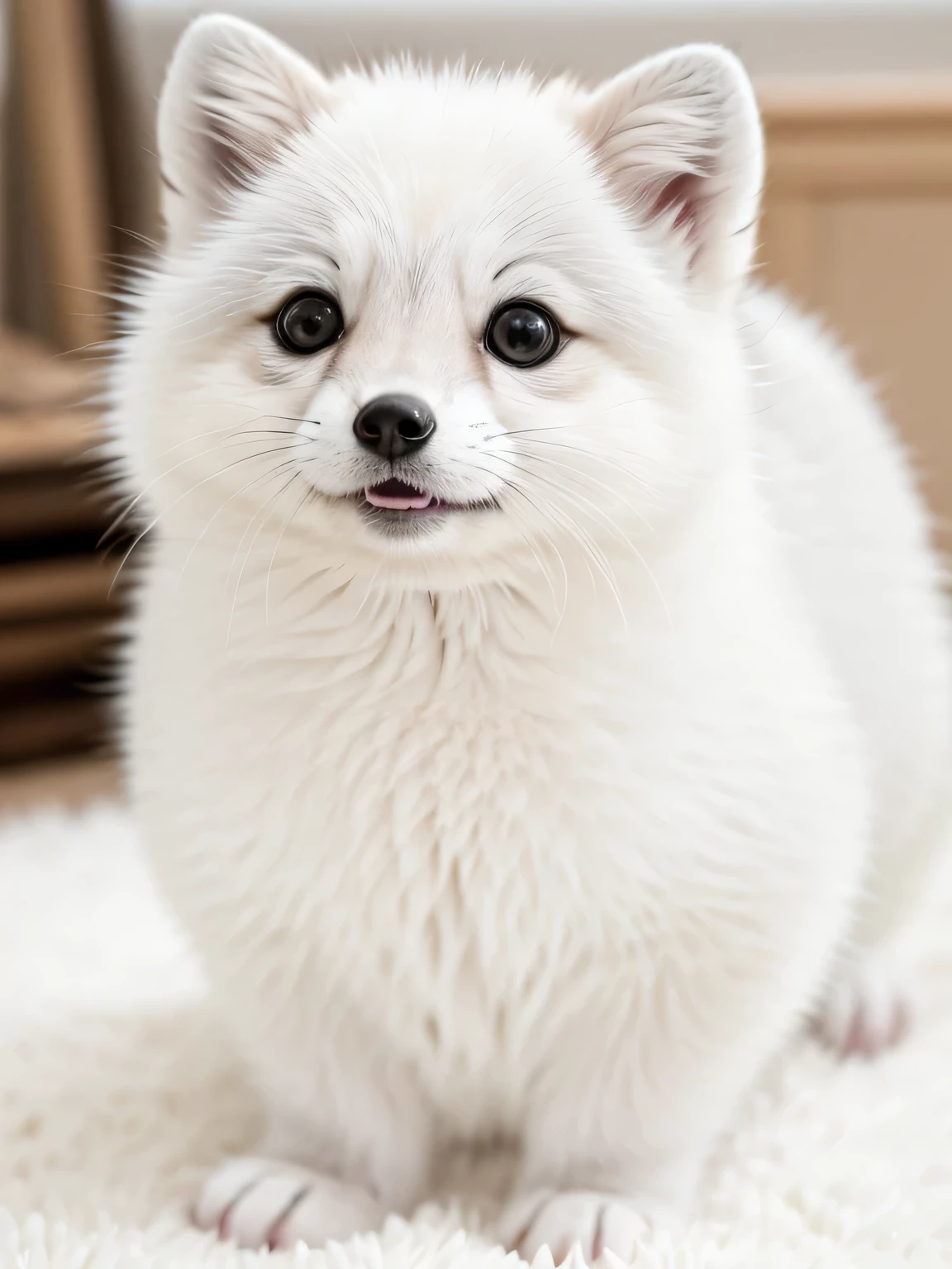 original photo, ridiculous, high quality, lifelike,cute pet, Super cute, hairy, Chubby arctic fox, white, short legs, Very round, white, short legs, Very round, photorealism, Super detailed, 50mm, f1. 4, 8k ultra high definition, gray film