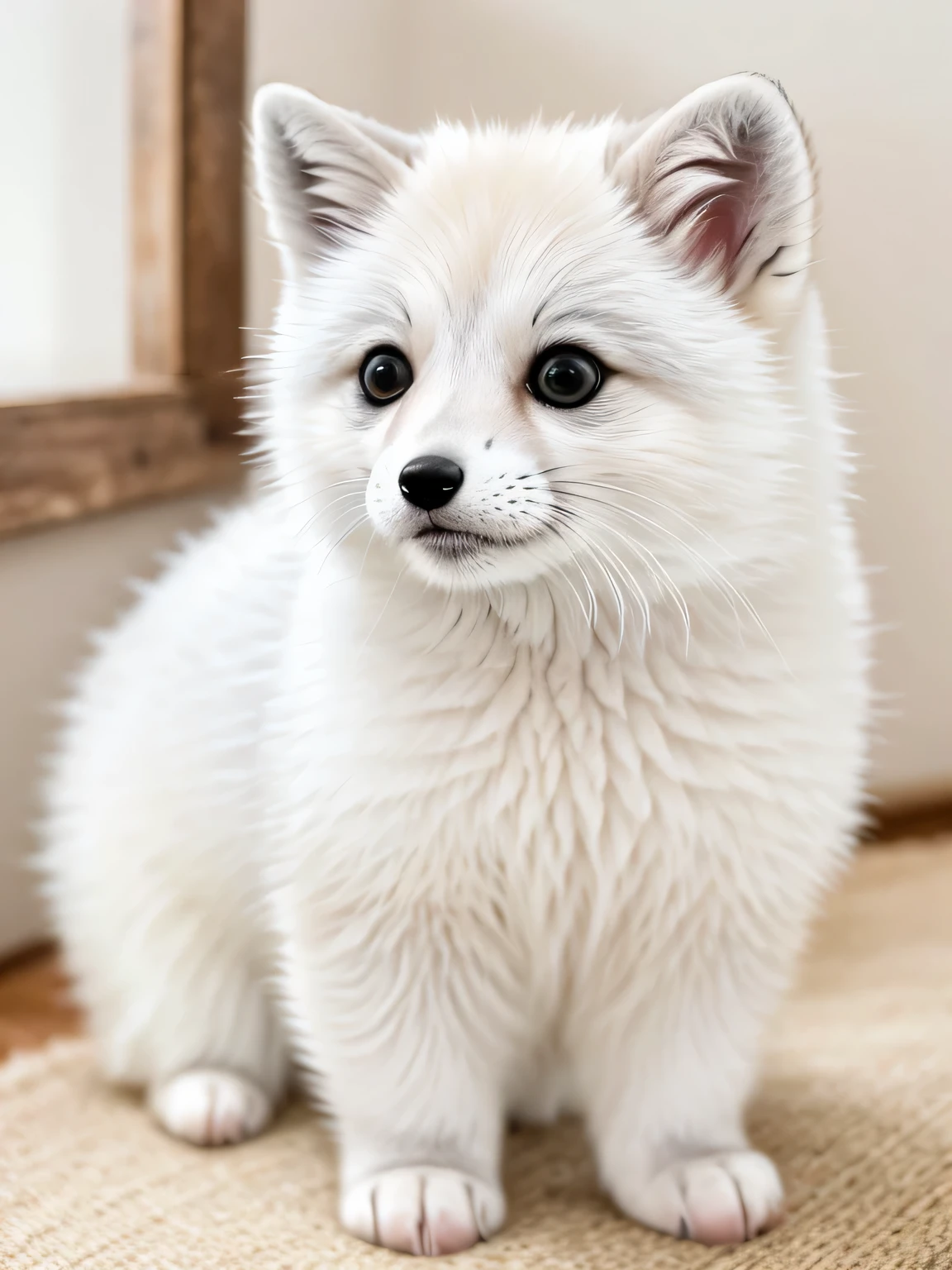 original photo, ridiculous, high quality, lifelike,cute pet, Super cute, hairy, Chubby arctic fox, white, short legs, Very round, white, short legs, Very round, photorealism, Super detailed, 50mm, f1. 4, 8k ultra high definition, gray film