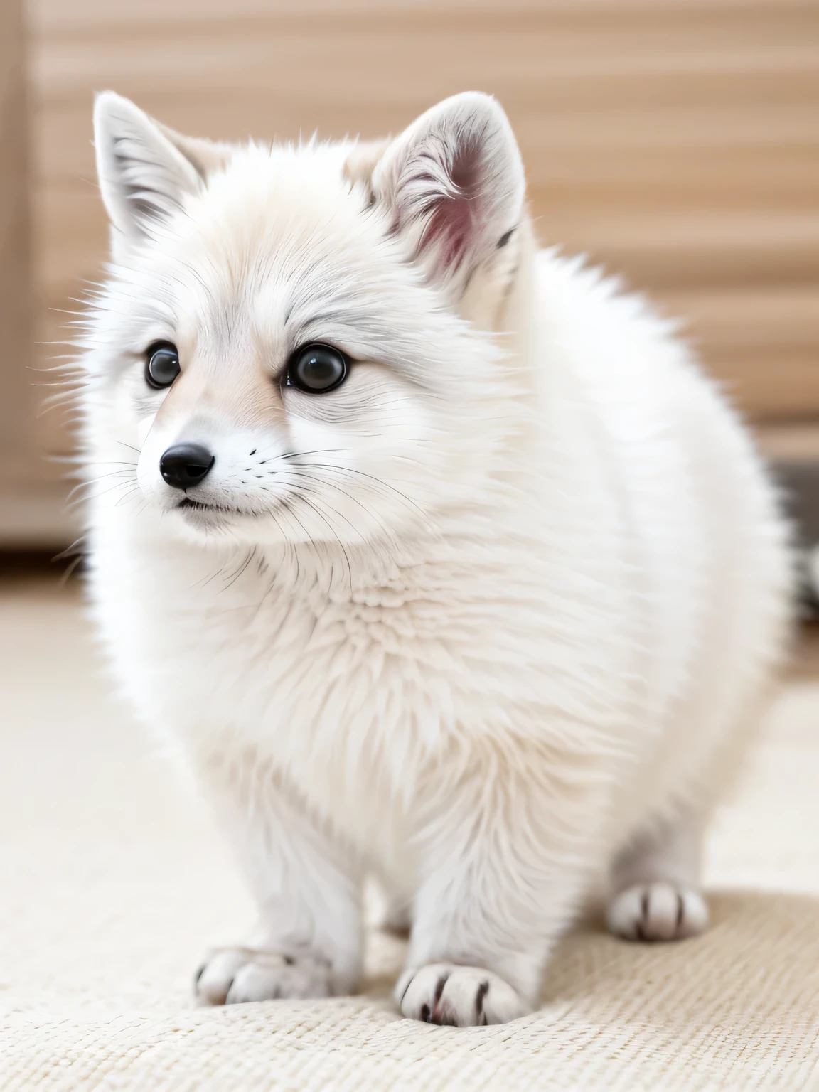 original photo, ridiculous, high quality, lifelike,cute pet, Super cute, hairy, Chubby arctic fox, white, short legs, Very round, white, short legs, Very round, photorealism, Super detailed, 50mm, f1. 4, 8k ultra high definition, gray film