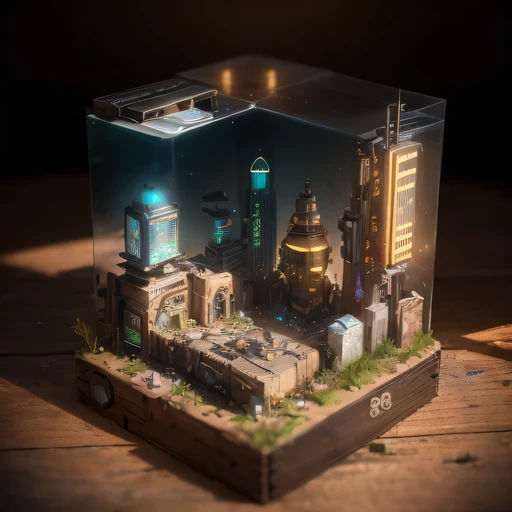 small realistic model, (8k, original photo, best quality, masterpiece:1.4),Steampunk Cyberpunk City,(Cyberpunk light:1.3),on the table,horizon (related to land),(in a small nature box:1.3),Isometric, small nature, landscape on foundation,landscape,