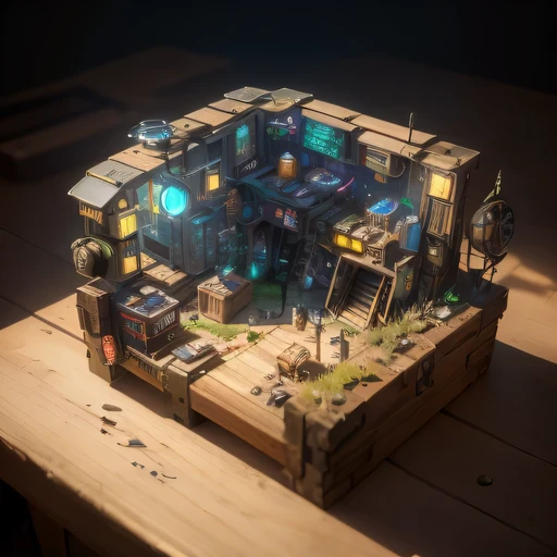 small realistic model, (8k, original photo, best quality, masterpiece:1.4),Steampunk Cyberpunk City,(Cyberpunk light:1.3),on the table,horizon (related to land),(in a small nature box:1.3),Isometric, small nature, landscape on foundation,landscape,
