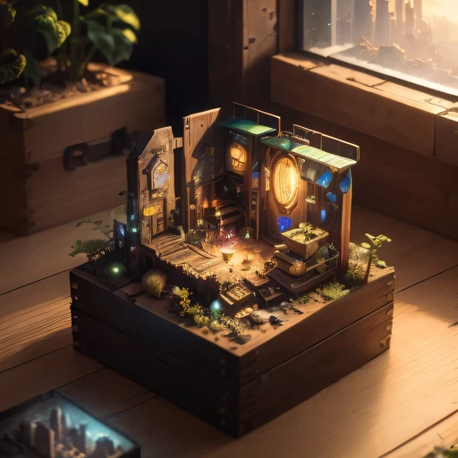 small realistic model, (8k, original photo, best quality, masterpiece:1.4),Steampunk Cyberpunk City,(Cyberpunk light:1.3),on the table,horizon (related to land),(in a small nature box:1.3),Isometric, small nature, landscape on foundation,landscape,