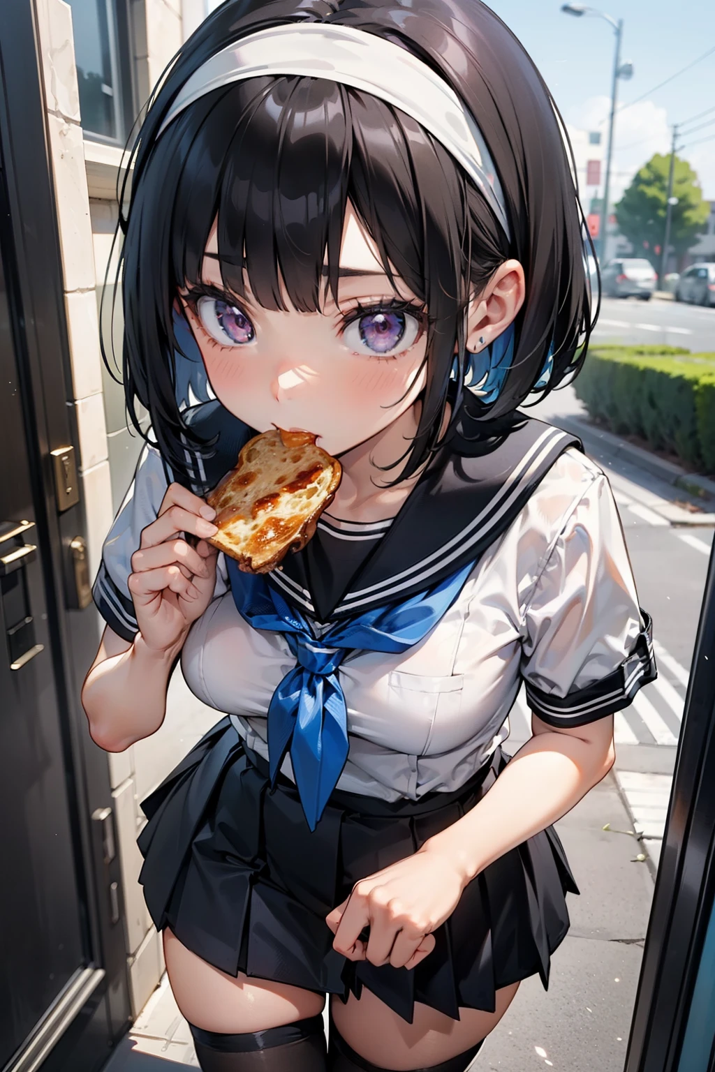 body 8 times longer than head, (Highly detailed CG unity 8k), (highest quality),(very detailed),(ultra high resolution), black hair, High school girl wearing a navy sailor suit, Anime 2D rendering, realistic young anime high school girl, ((White headband)), purple eyes, small breasts, tall, slanted eyes, (school scenery), black stockings, bright color, open your mouth a little, Dark blue skirt, bob cut, position looking down from above, Run, Dash while eating bread、