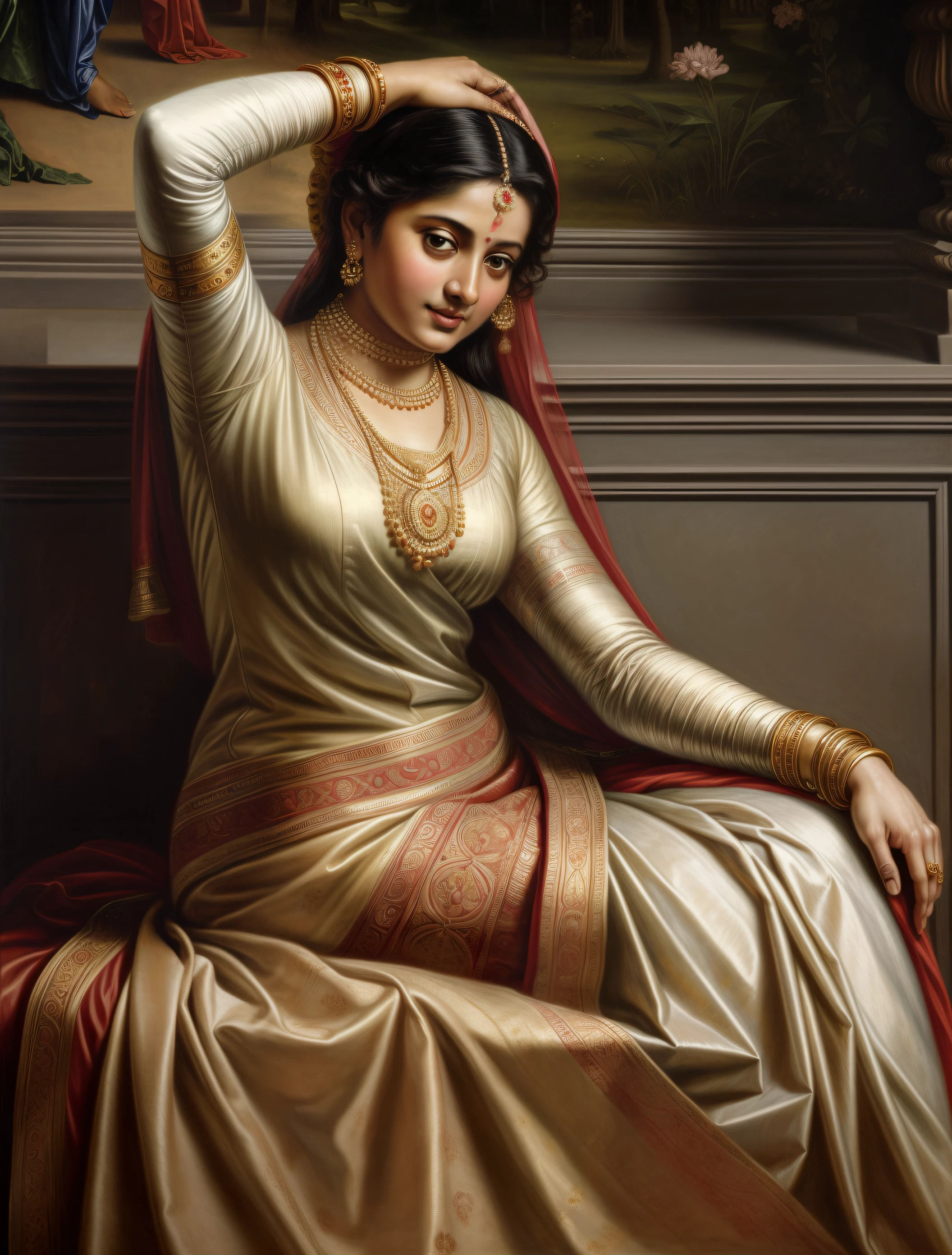 Beautiful Indian Woman, wearing saree, sari Beauty, gorgeous, Apsara, Maharani, royal queen woman, nymph from Hindu Mythology, Urvashi, matchless beauty, Highly detailed, Oil Painting by Peter Paul Rubens inspired by Raja Ravi Varma, Matchless beauty, captivating, gorgeous, heavenly beauty, celestial beauty, by Peter Paul Rubens, 1893, realistic, hyper realistic, micro details, incredible artwork, insane details, ultra High resolution, 8k, 32k,  acrylic on canvas, intricate, flawless, detailed, detailed face, detailed eyes, masterpiece, by Peter Paul Rubens, by Caravaggio, by William Adolphe bouguereau, perfect face, perfect body, beautiful art, realism, baroque, renaissance Art, highly textured, beautiful and detailed eyes, uhd, best quality,