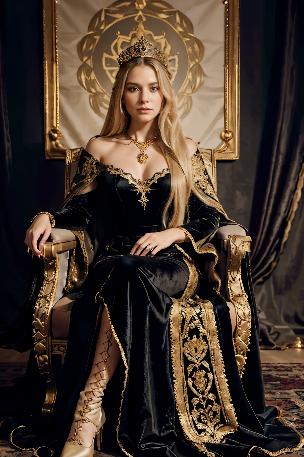 Portrait in the style of historical oil paintings: white woman, 40 years old, very long straight very blond hair, slim, full body visible from feet to head. lying on a medieval royal armchair, a long black suede skirt, elaborate and richly adorned long dress covering his knees with long sleeves and trains. The dress is made of luxurious materials like velvet, embroidered with gold threads, and embellished with pearls and precious stones. The color is a deep royal gold. She wears a long fur-lined cape with elaborate motifs. Royal crown. Golden gloves. Adorned with high-heeled lace-up boots, a necklace with precious stones. Armchair is iron with gold leaf details, set against a dark, dark and complex background. Soft frontal lighting, no reflections, focus on extreme detail (skin pores, fabric texture, throne intricacies). Aim for realism, 8K resolution detail.