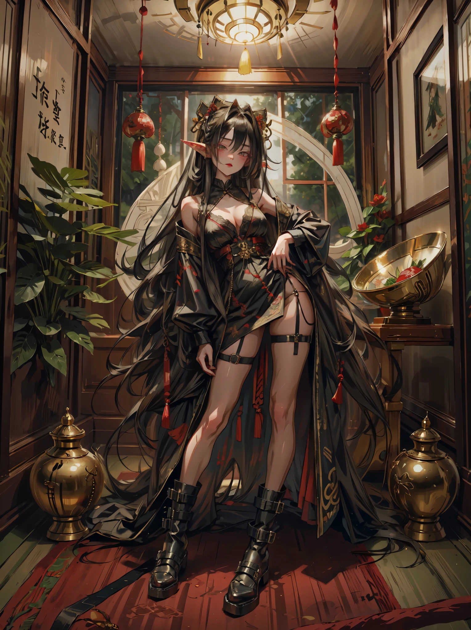 elf girl,full body ,long hair, chinese ornaments,lewd big , oily skin, sexy ,long hair, short dress, black boots, very big , lewd sexy pose,
