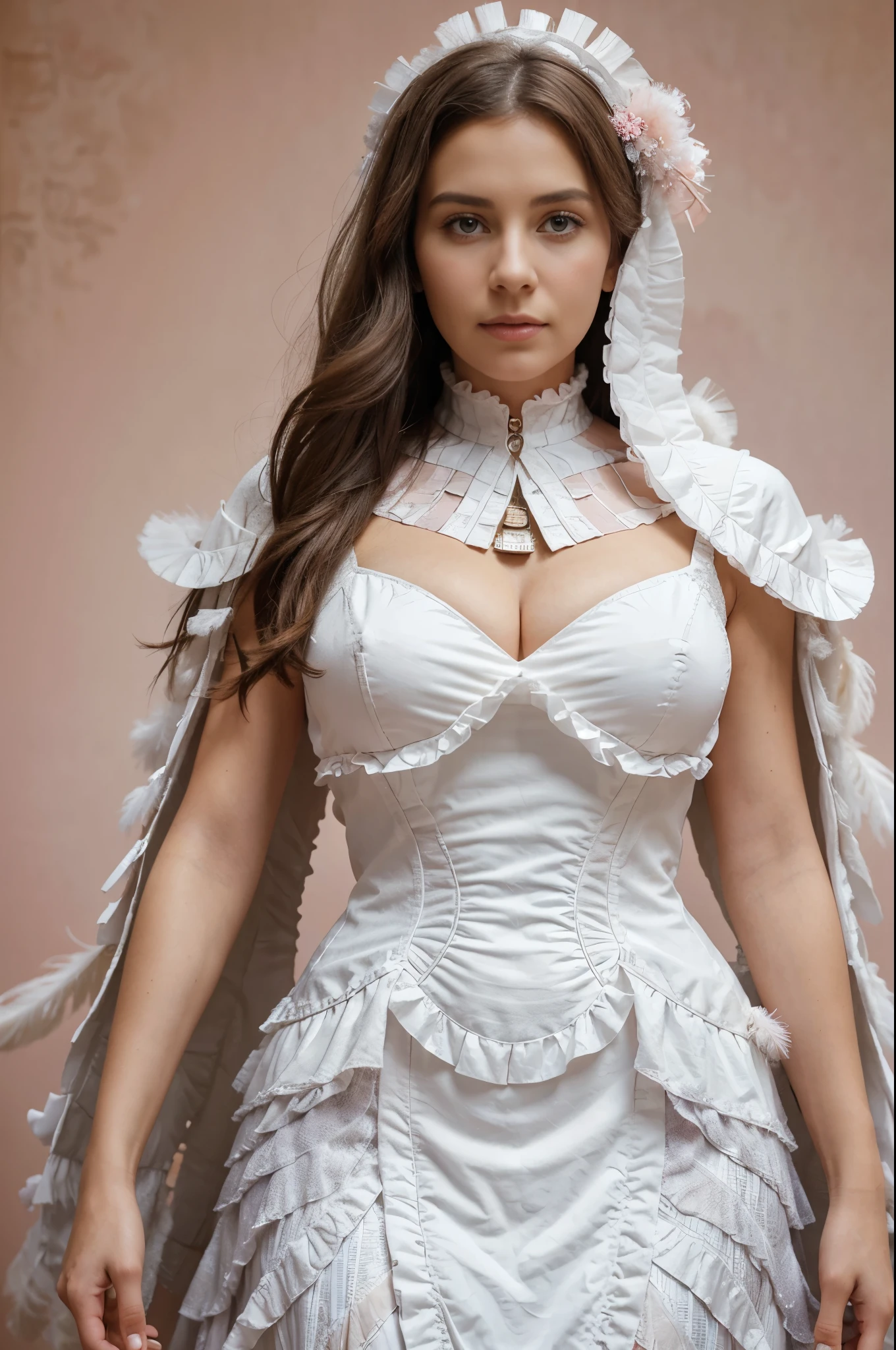 Beautiful woman wearing white colored dress on pink background, style made of feathers, futuristic victorian era, collage style layering, focus stacking, layered form, textured fabric, oversized object, in heaven, time magazine photography , (upper body)