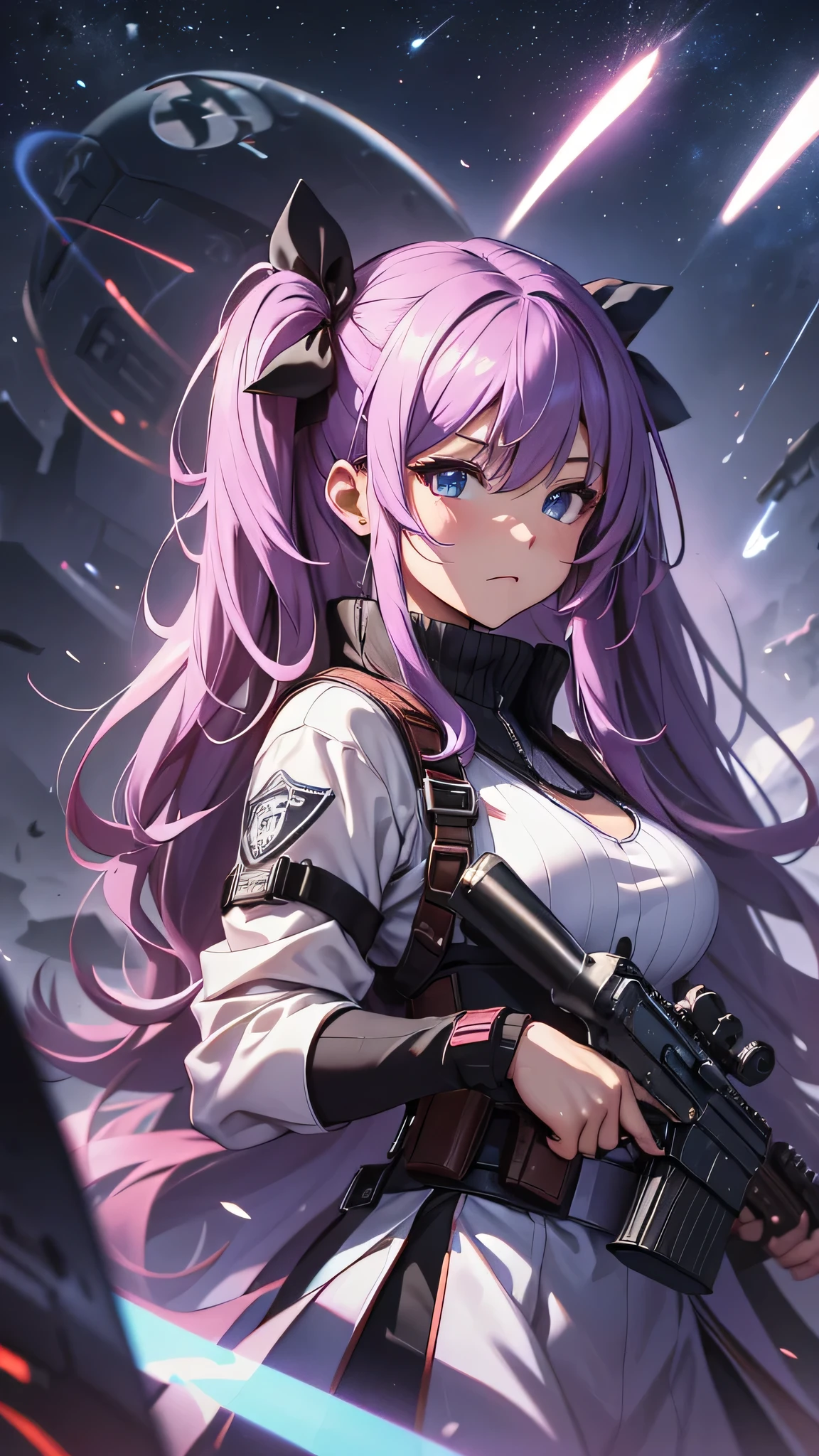 最high quality、best image quality、masterpiece、teenage girl((18-year-old、 By becoming、vest bust、medium bust,wide open breast tea、black eye, pink hAria、twin tails、thin,highest valley、red mechanic dress、Holds an assault rifle in the right hand、Glowing red wings,Aria、splatters、shooting pose、scream、holds a shotgun in left hand、angry face、leaning forward)),high quality、beautiful art、background((outer space、battlefield、splattersing beams、military base))瓦礫がsplatters、Depth of written boundary、movie、visual art、perfect art、8K,genuine
