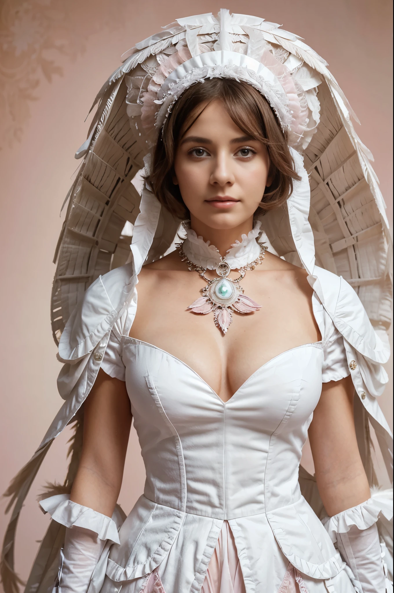 Beautiful woman wearing white colored dress on pink background, style made of feathers, futuristic victorian era, collage style layering, focus stacking, layered form, textured fabric, oversized object, in heaven, time magazine photography , (upper body)